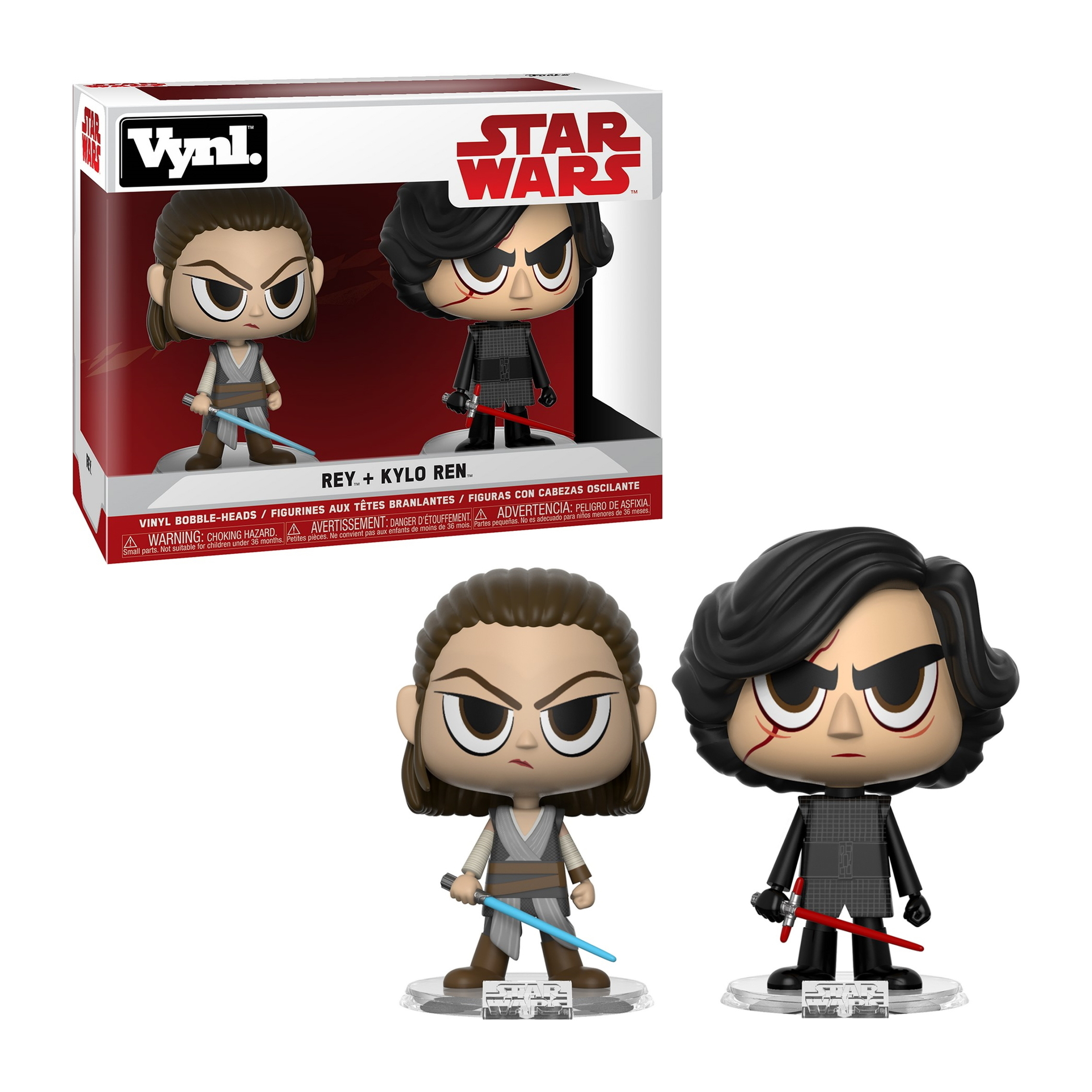 Zwei Star Wars Vynl Figuren. Rey und Kylo Ren, mit Lichtschwertern, stehen vor einer Box.