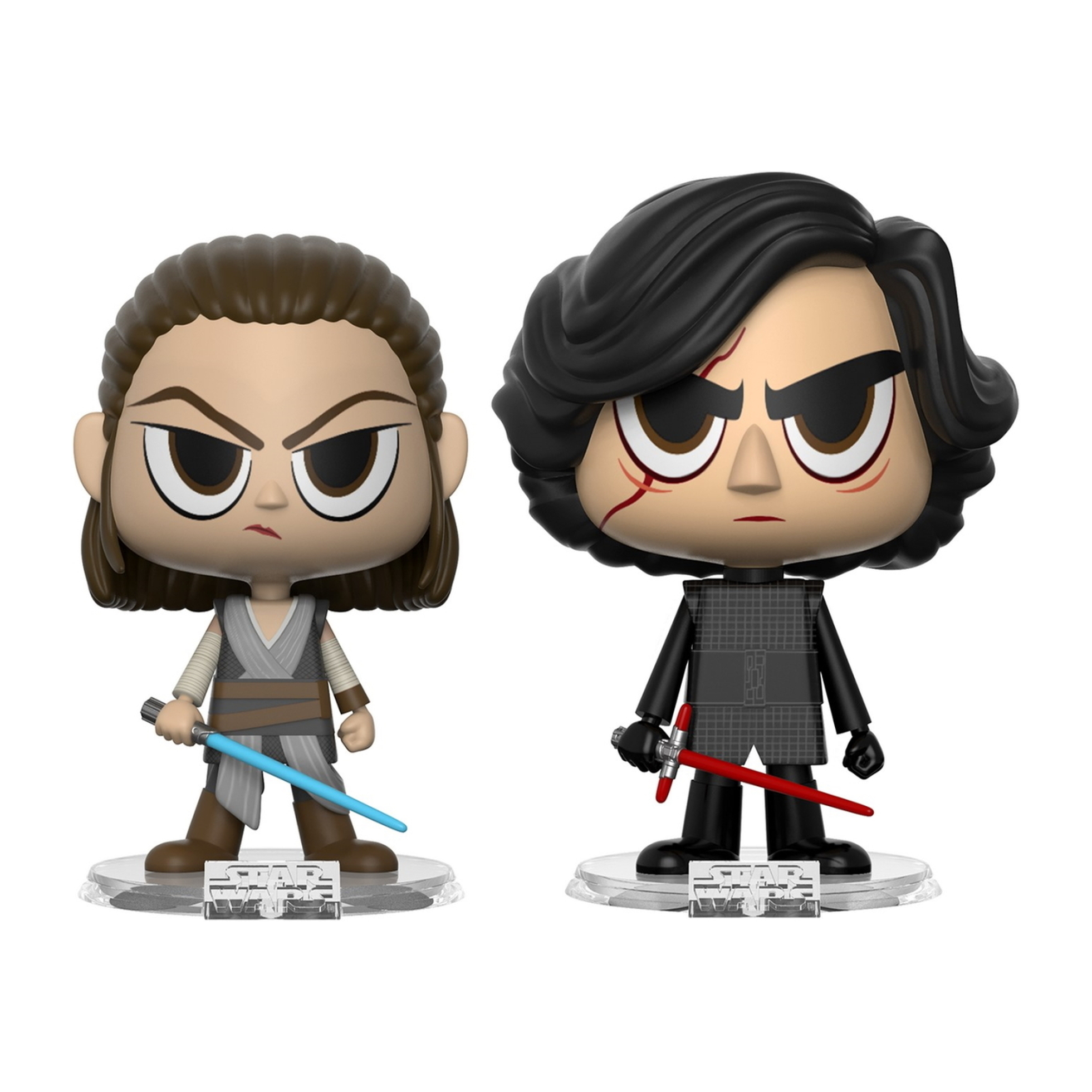 Rey und Kylo Ren Figuren aus Star Wars, einander zugewandt, halten Lichtschwerter.