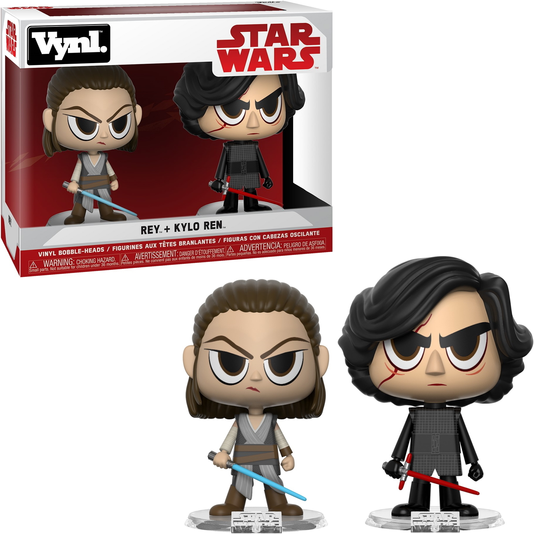 Vynl Star Wars Figuren: Rey mit blauem Lichtschwert, Kylo Ren mit rotem Lichtschwert, beide mit ernsten Ausdrücken.