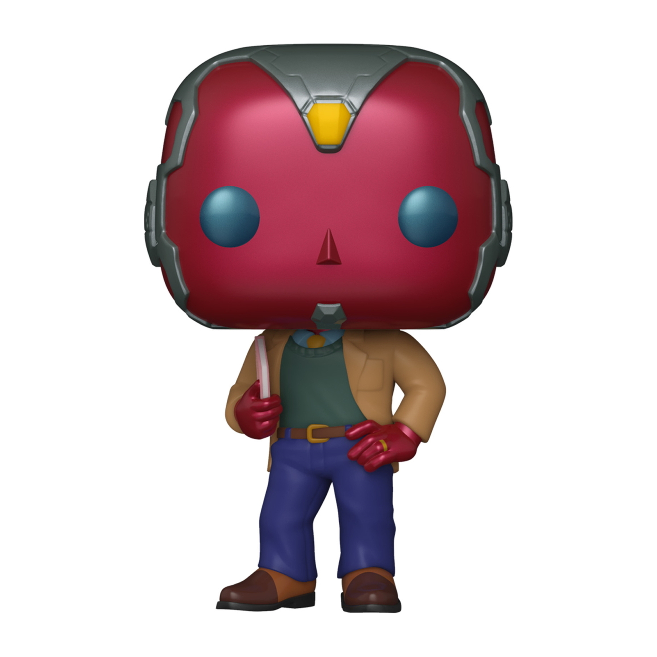 Vision Funko Pop Figur. Rotes Gesicht mit Kopfschmuck, brauner Mantel, Stift haltend. Blaue Hose.