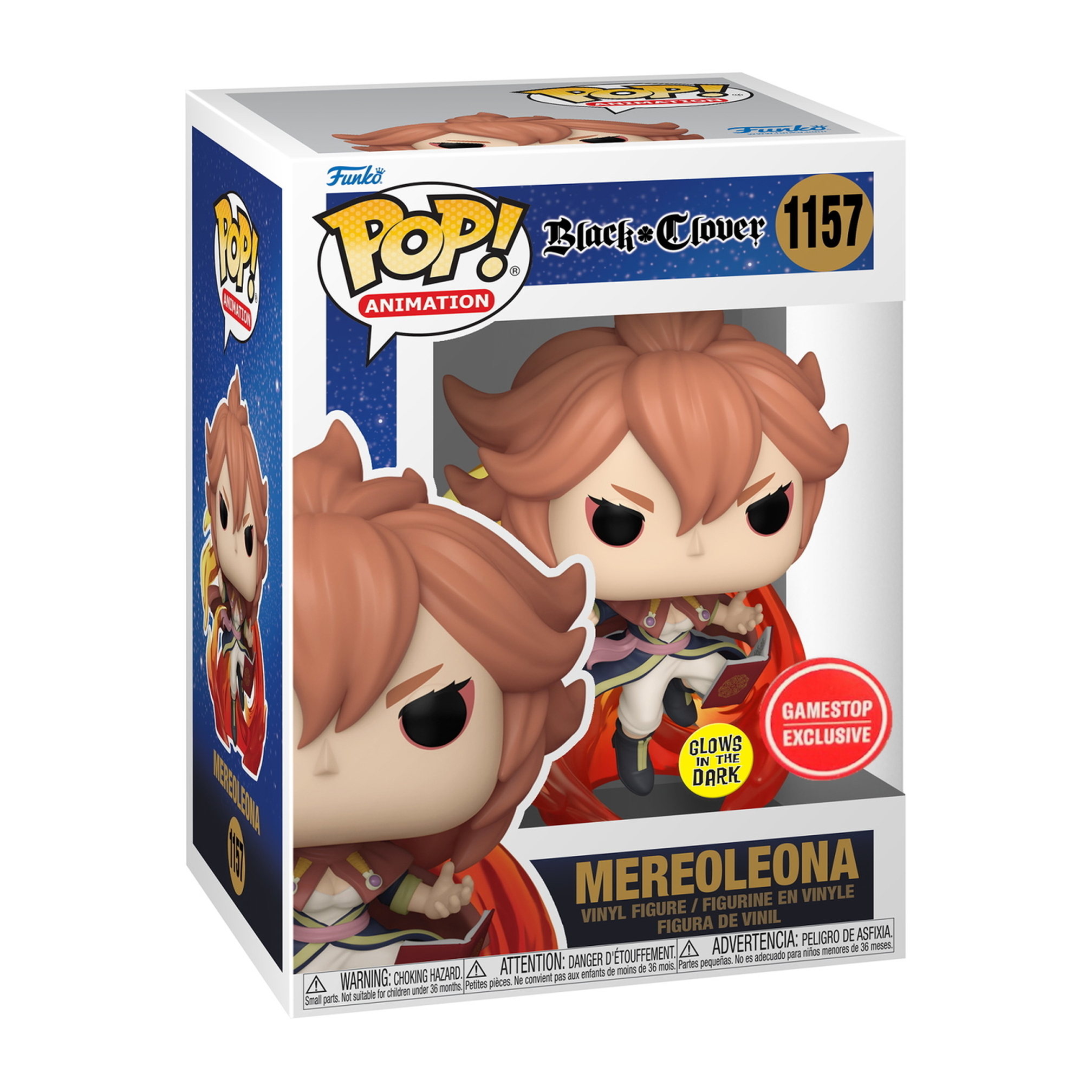 Eine Funko Pop-Box mit Mereoleona aus Black Clover, die einen roten Umhang trägt und einen strengen Ausdruck hat.