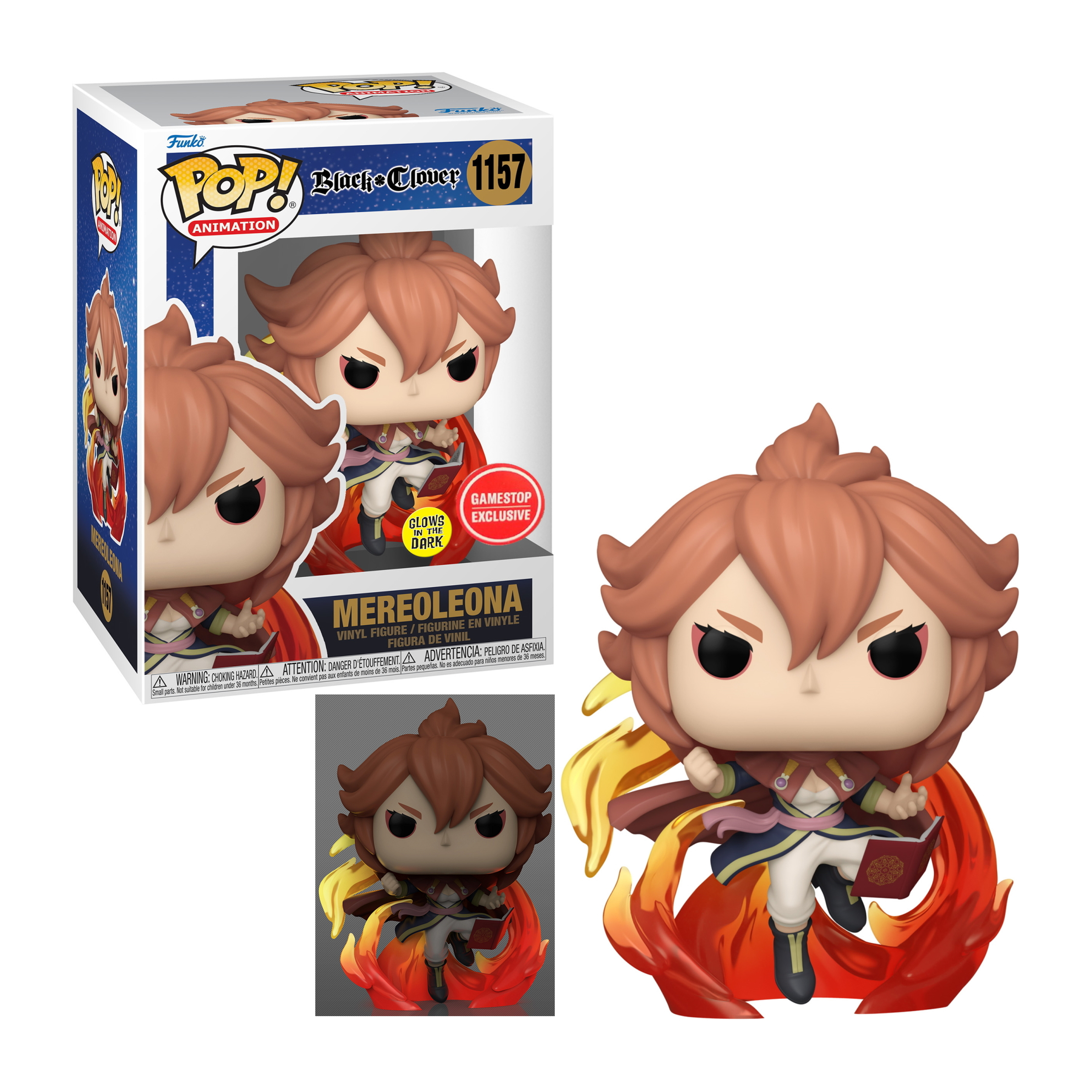 Mereoleona Funko Pop-Figur mit rotem Haar und Feuereffekt. Inklusive Box mit dem Bild der Figur.