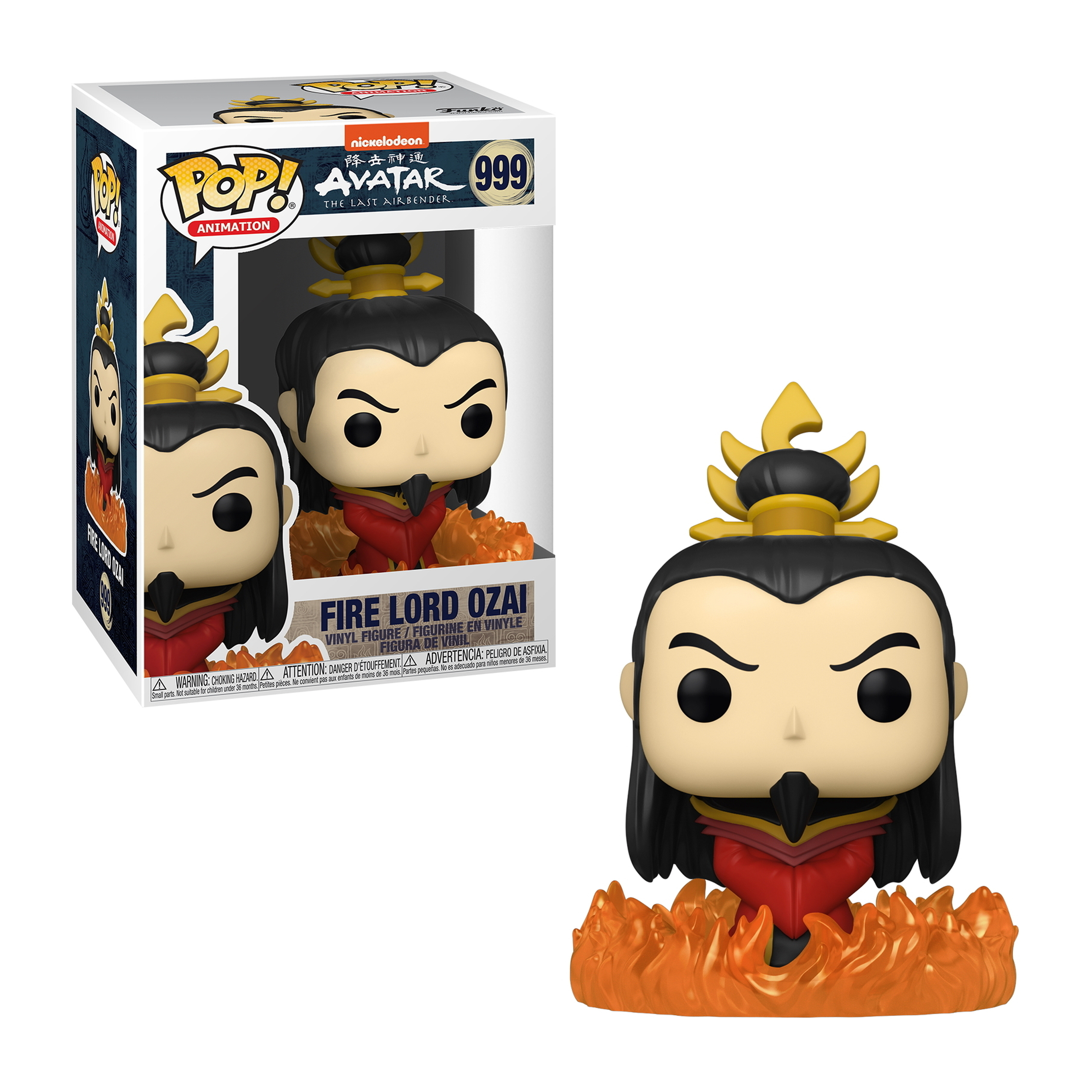 Feuerlord Ozai-Figur mit schwarzem Bart und Flammen. Die Figur befindet sich in einer Box mit dem Avatar-Logo.