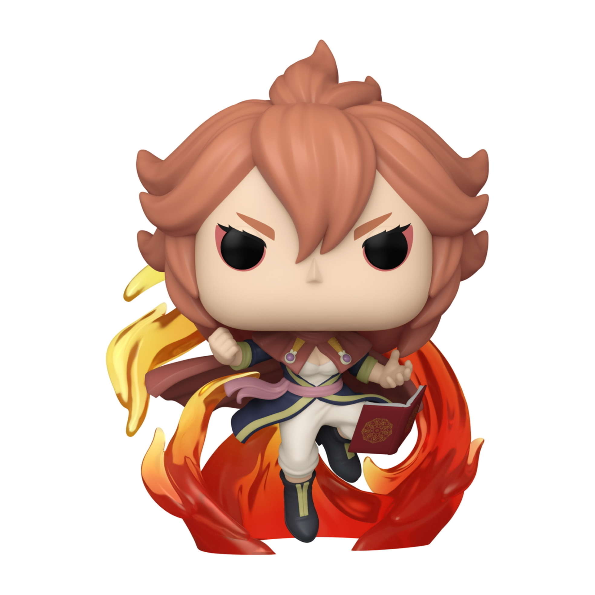 Anime Funko Pop Figur mit rotem Haar, Buch haltend, umgeben von Flammen.