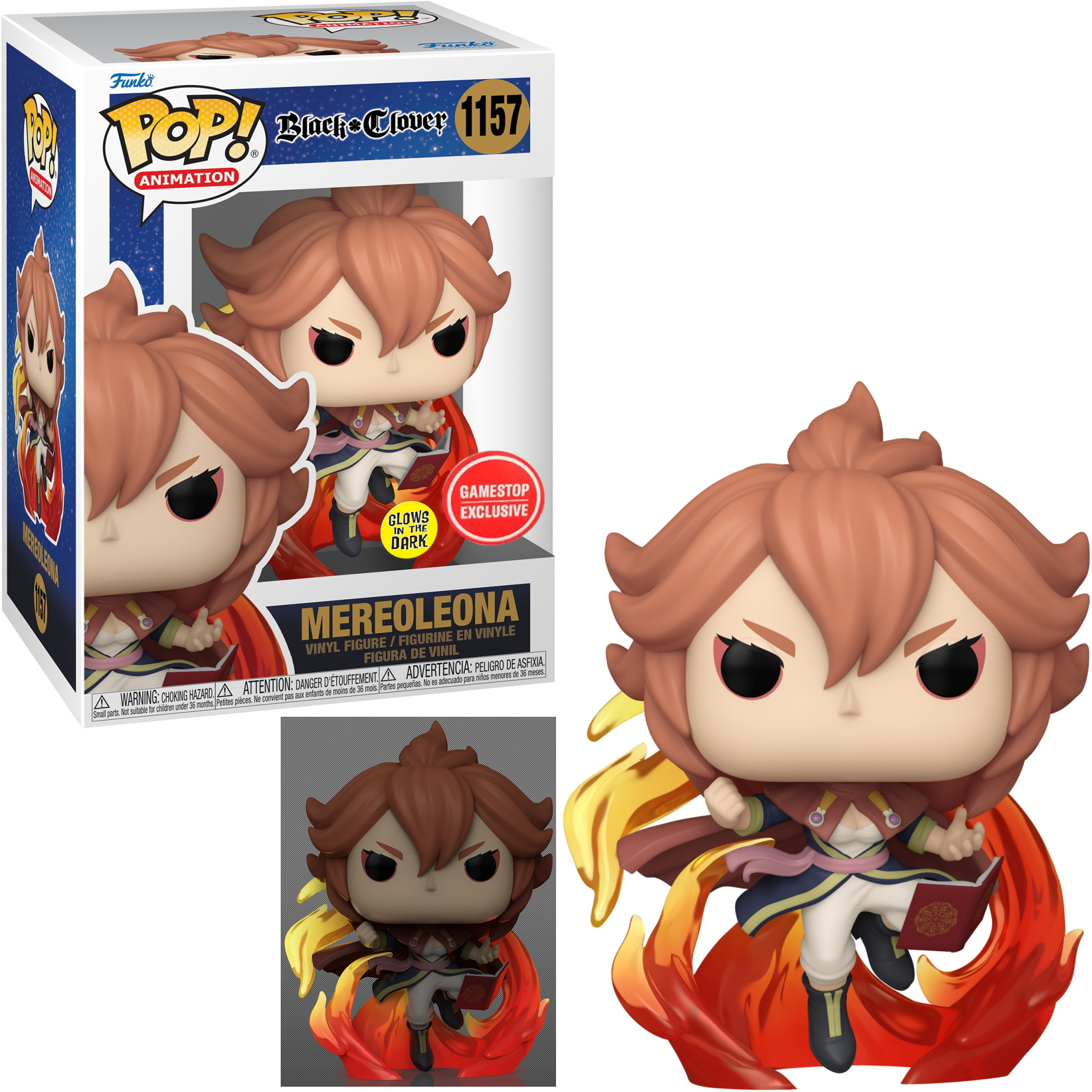 Mereoleona Funko Pop-Figur, orange Haare, Umhang und Flammen. Aus dem Anime Black Clover, mit Box.