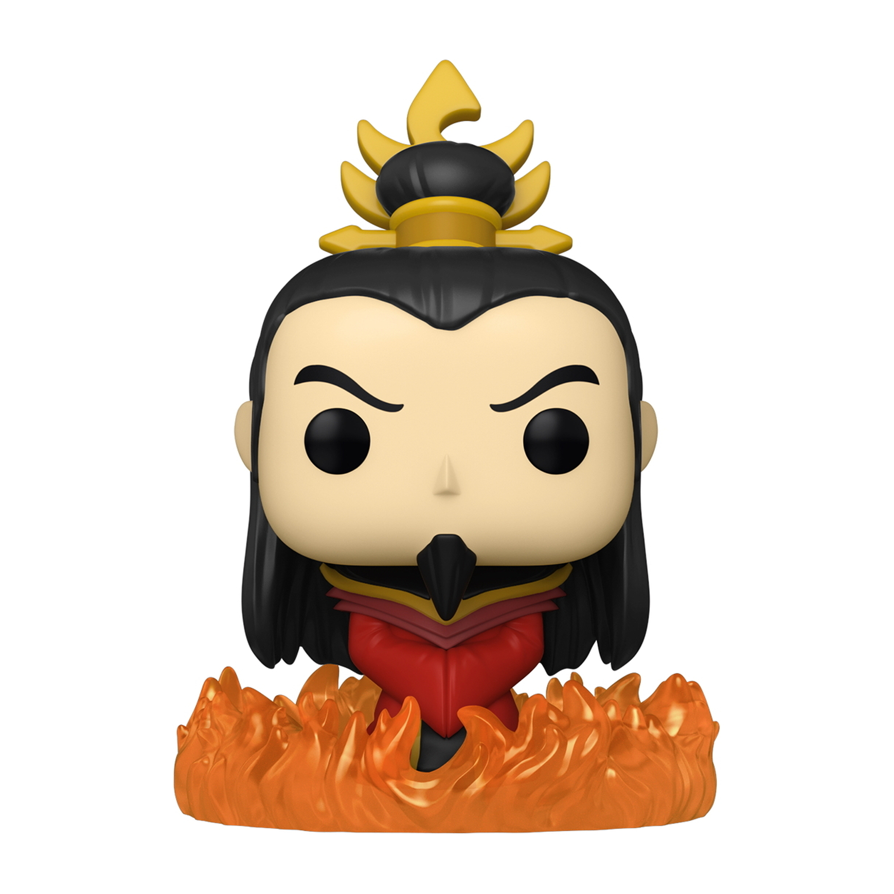 Funko Pop Figur einer Figur mit schwarzen Haaren und Flammenbasis.