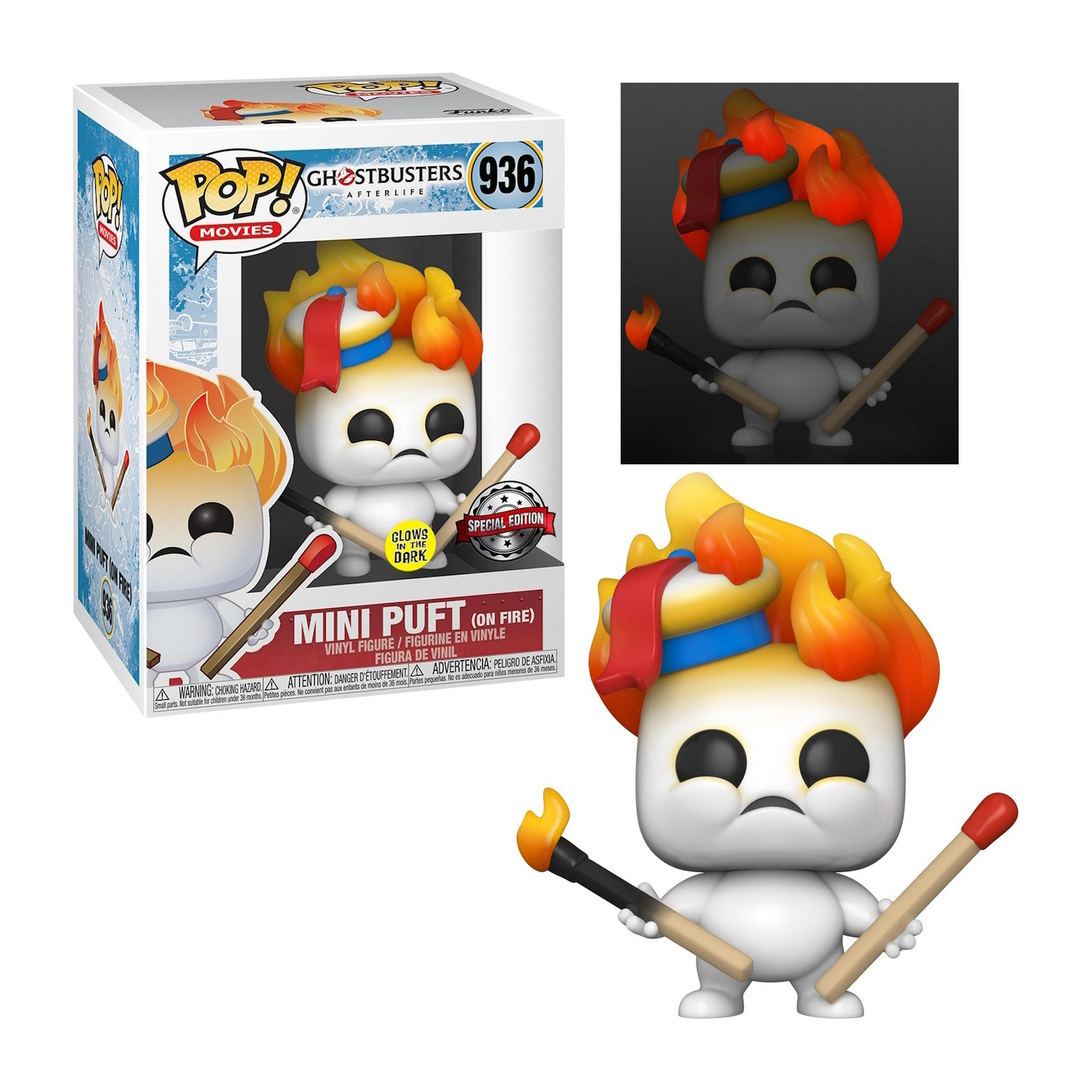 Mini Puft Funko Pop, weiß mit Feuerhaar, hält Streichhölzer, leuchtet im Dunkeln.
