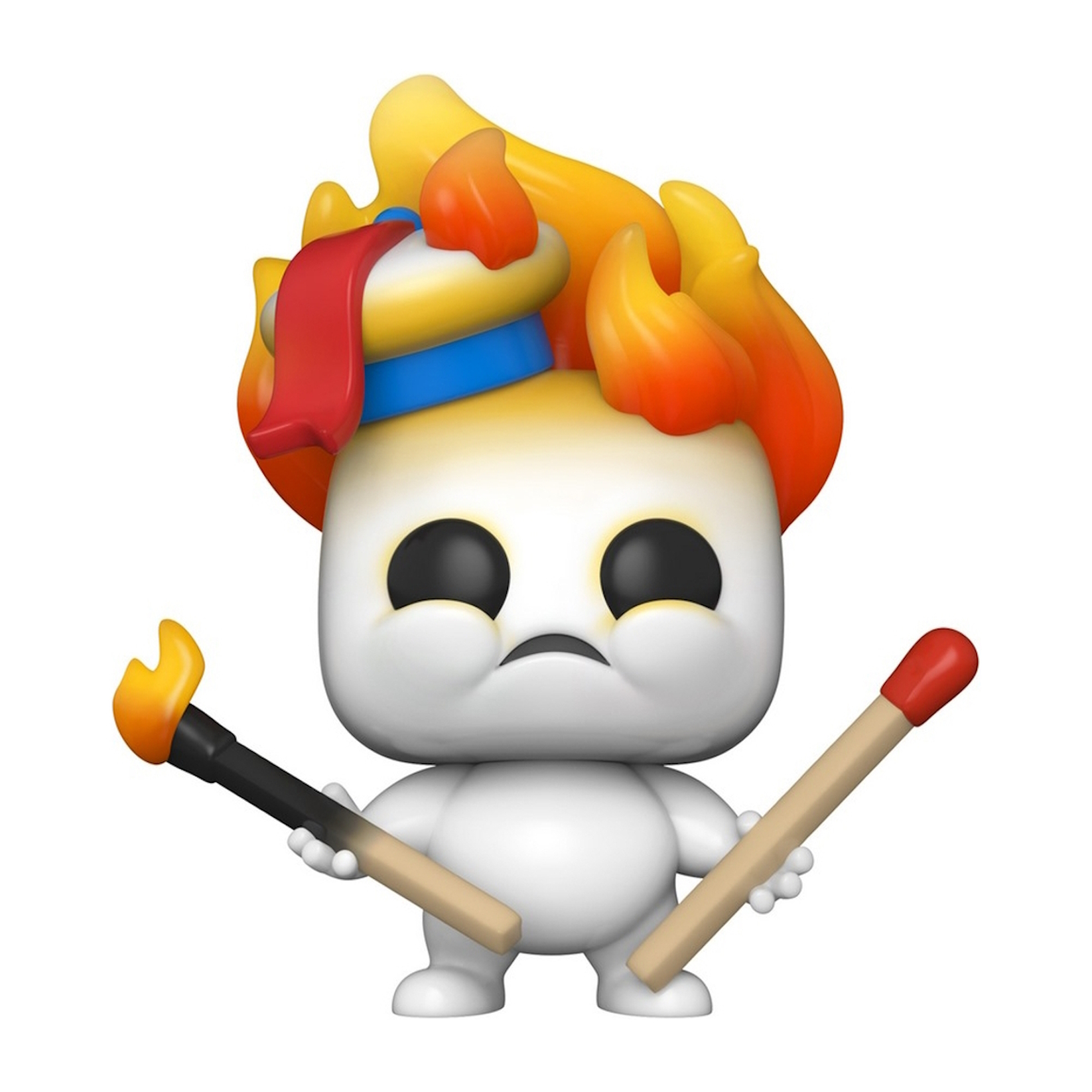 Weiße Marshmallow-Figur mit Haarfeuer, hält eine brennende Fackel und ein Streichholz. Trauriger Ausdruck.