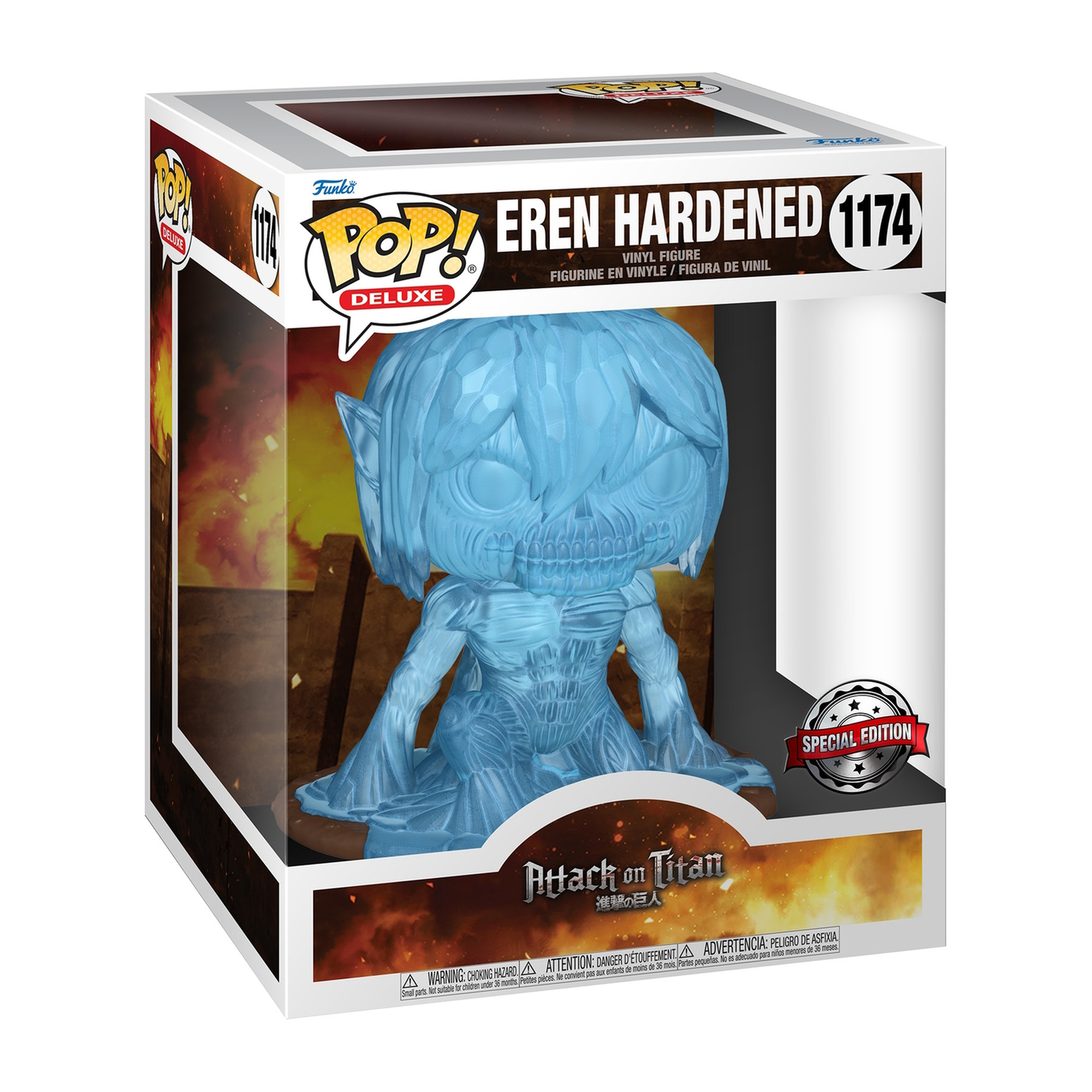 Figura Funko Pop di Eren Hardened in scatola. Figura blu traslucida in posa d'azione. Scatola con loghi Attack on Titan e Funko Pop, adesivo speciale.