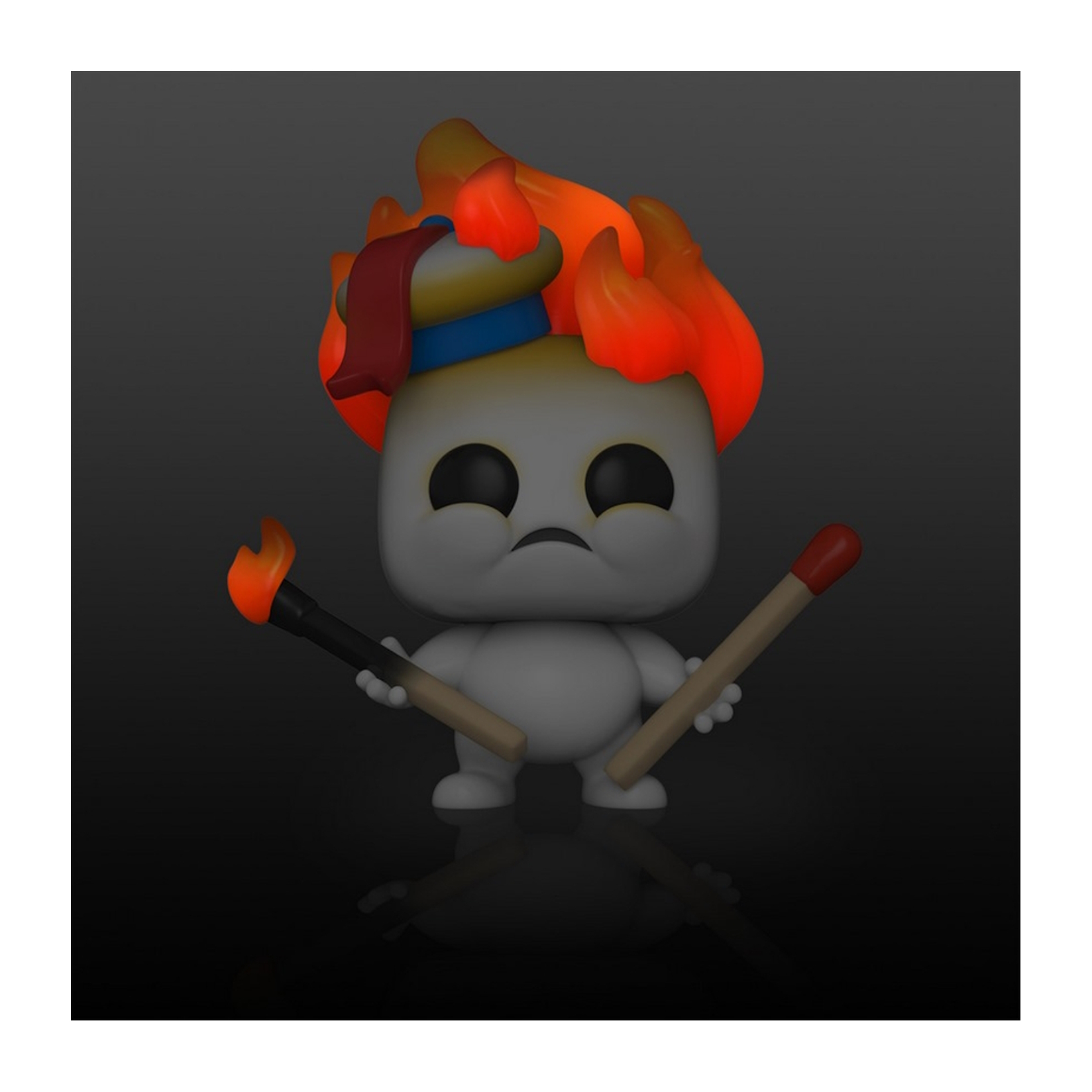 Eine Funko Pop Figur eines Geistes mit Feuer auf dem Kopf und Streichhölzern. Dunkler Hintergrund.