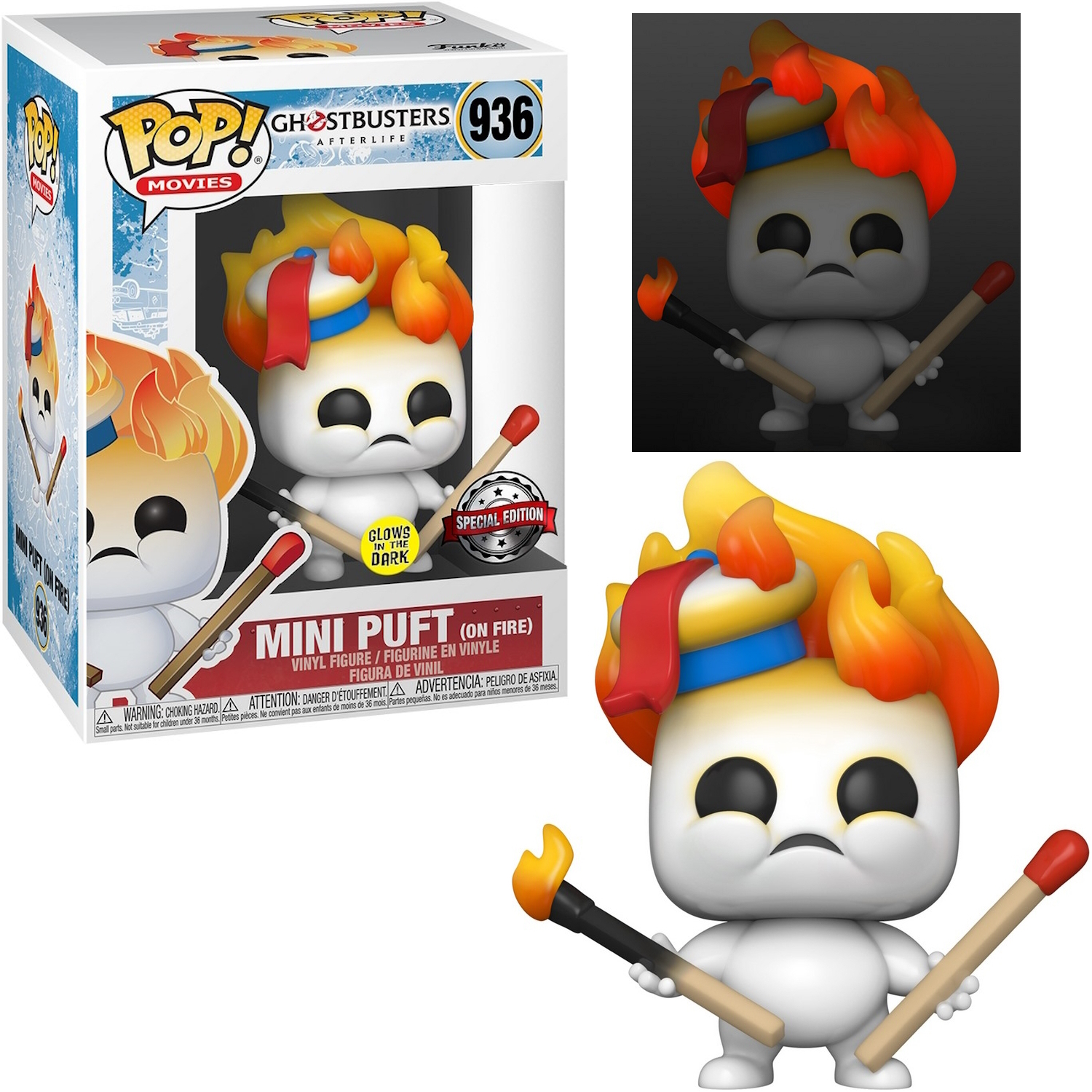 Mini Puft Figur in Flammen, hält Streichhölzer. Beinhaltet die Box und eine leuchtende Version.