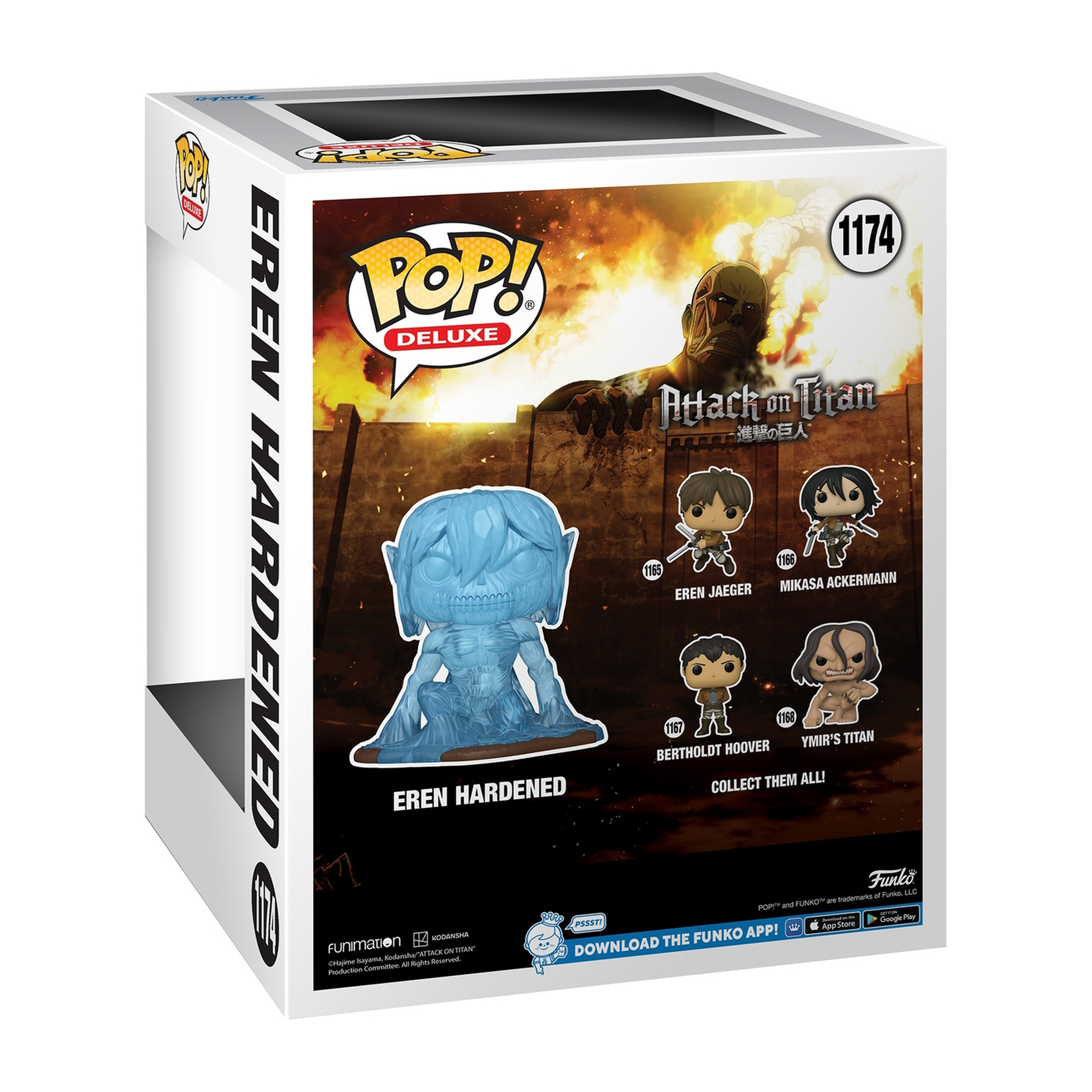 Figura di Eren Hardened. Personaggio blu in una scatola. Personaggi di Attack on Titan sul retro.