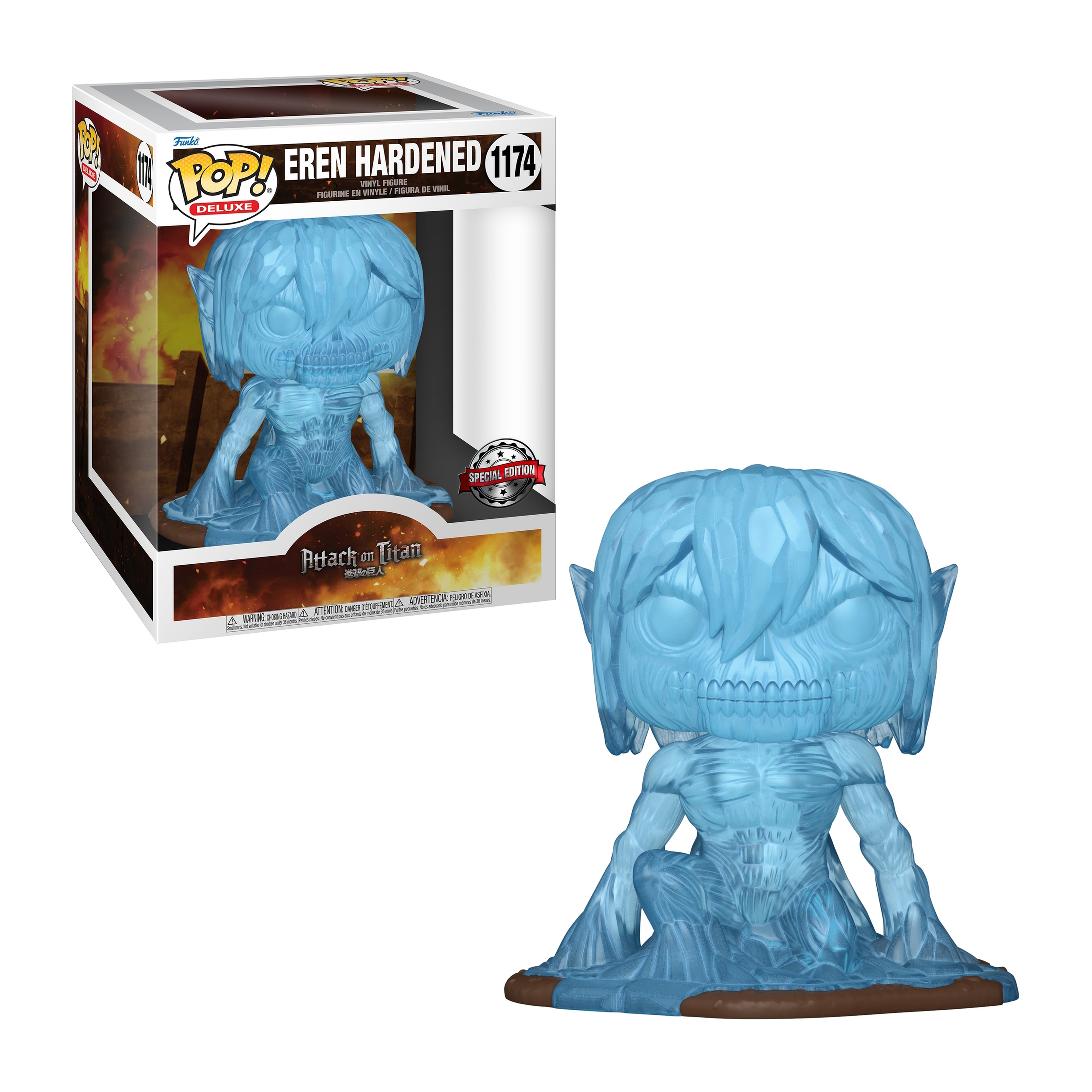 Figura Funko Pop di Eren Titan, blu traslucido, accovacciato, con scatola sullo sfondo.