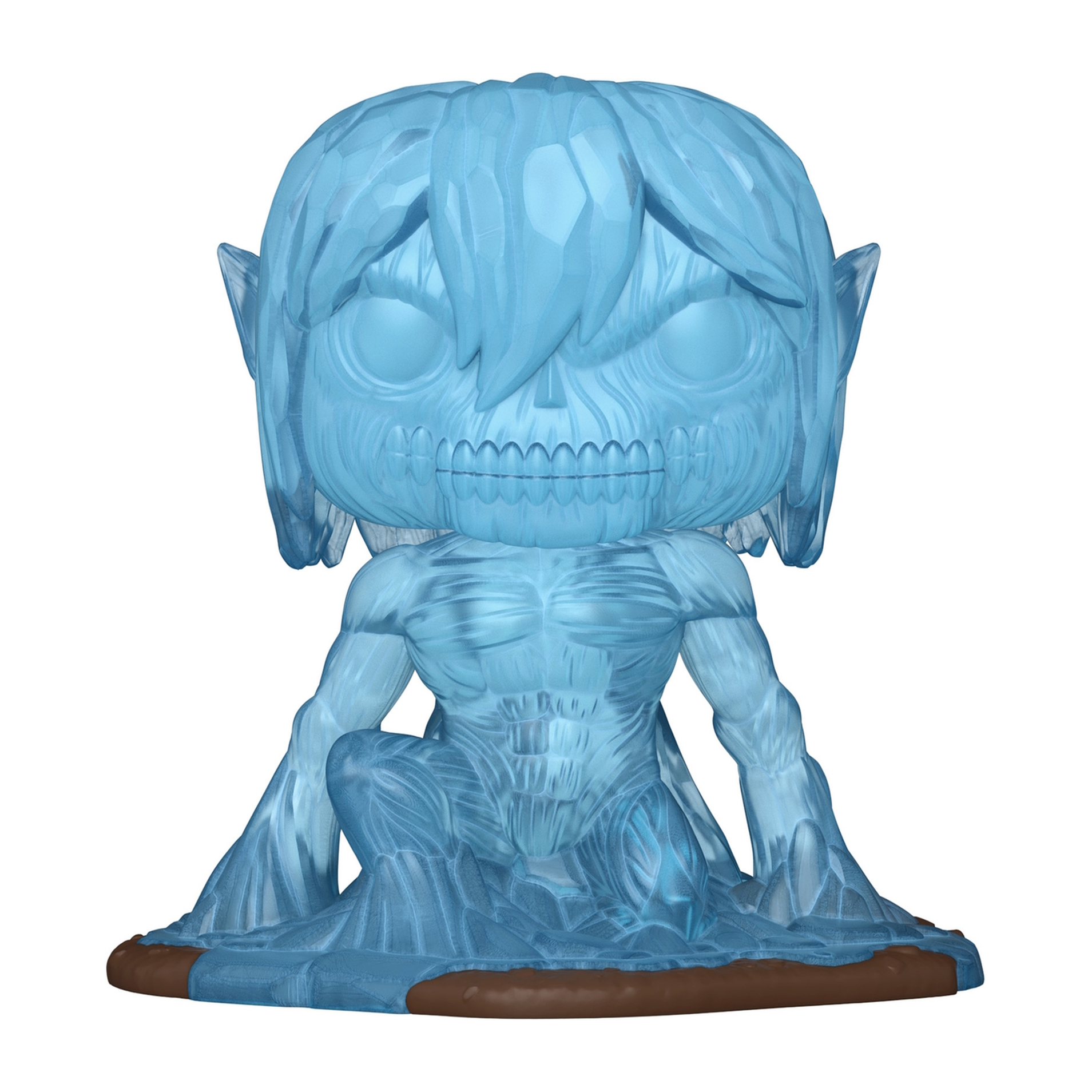 Una statuetta Funko Pop di Titano blu traslucido con forma muscolare dettagliata, inginocchiata su una base marrone.