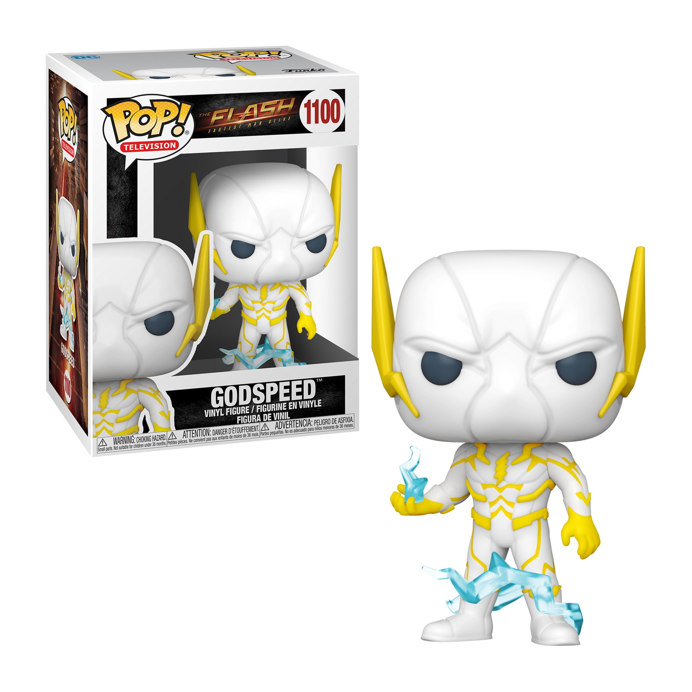Godspeed-Figur in Weiß mit gelben Details, Blitzeffekten und Box-Art.