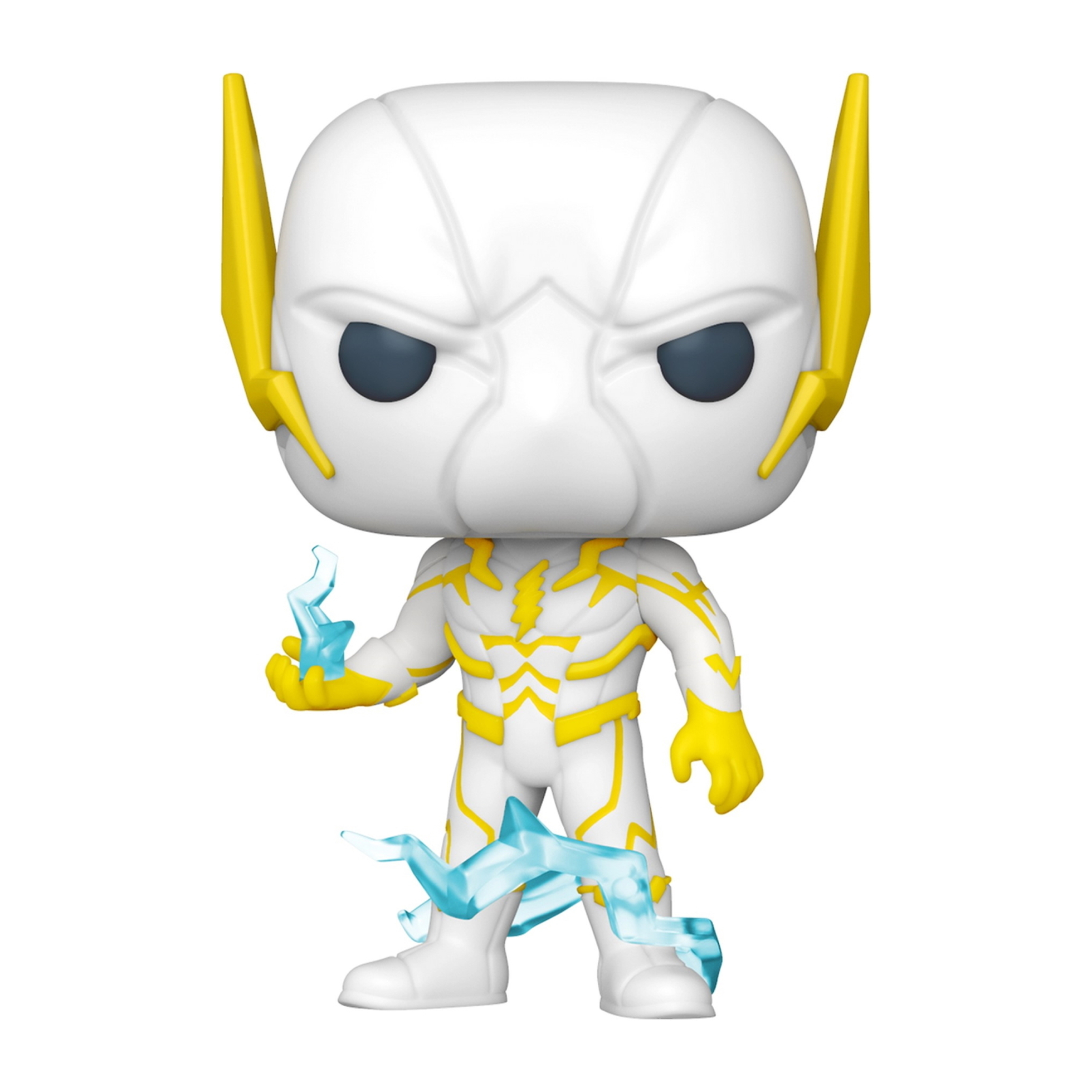 Weiße Flash Funko Pop Figur mit gelben Akzenten und blauem Blitz. Die Figur hat ein ernstes Gesicht.