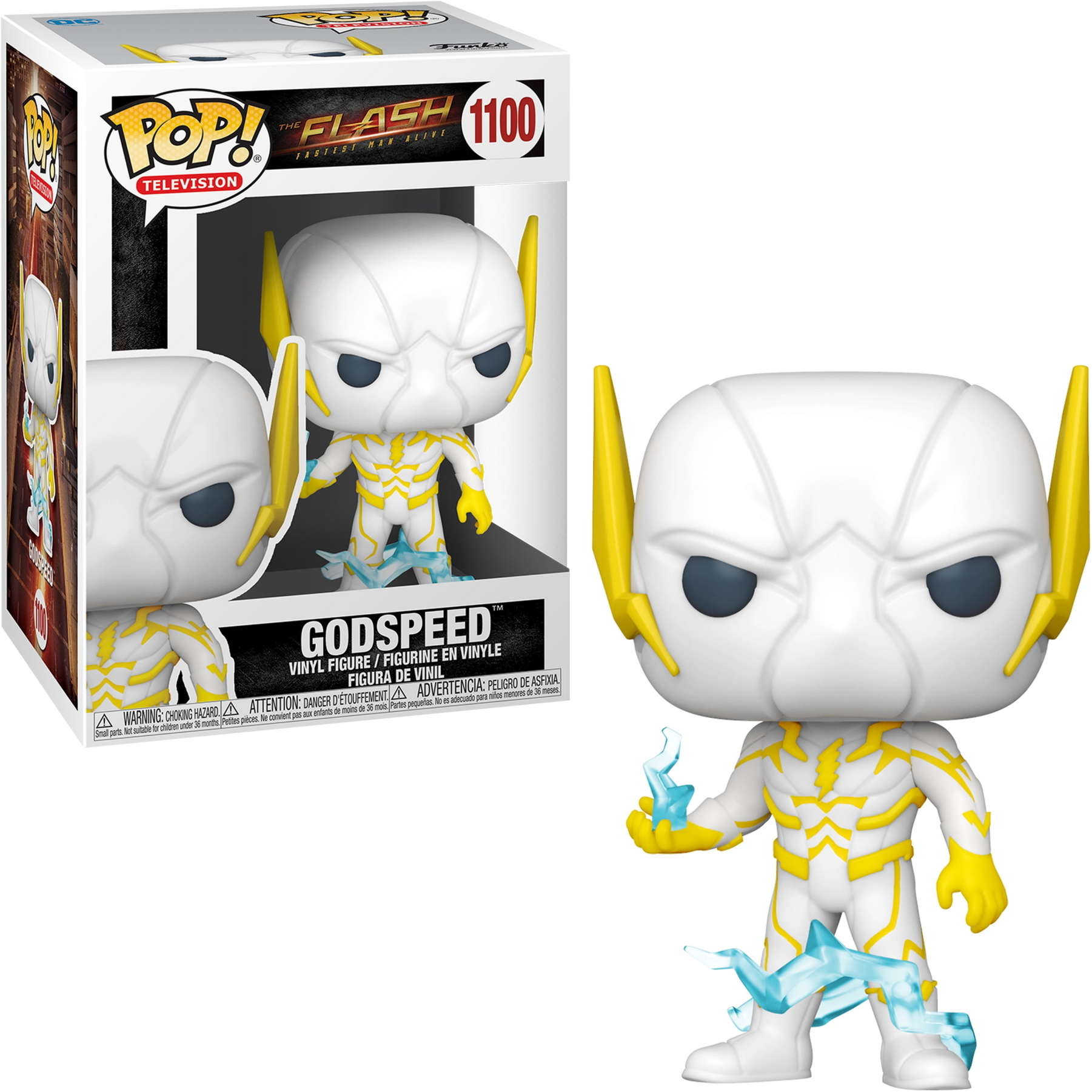 Eine Funko Pop Figur von Godspeed aus The Flash, in einem weißen Anzug mit Blitzdetails.