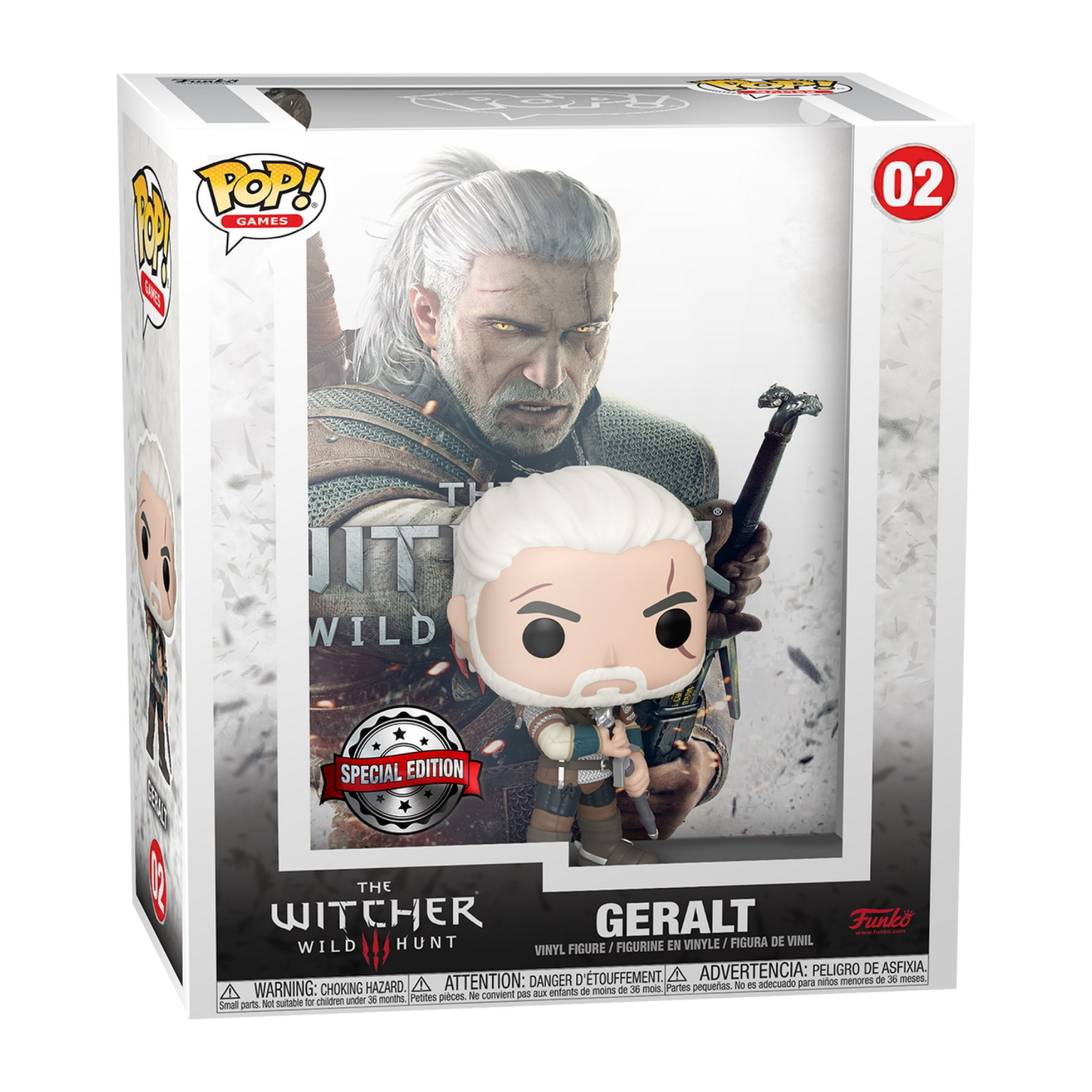 Geralt aus The Witcher Funko Pop. Er hat weißes Haar und hält ein Schwert.