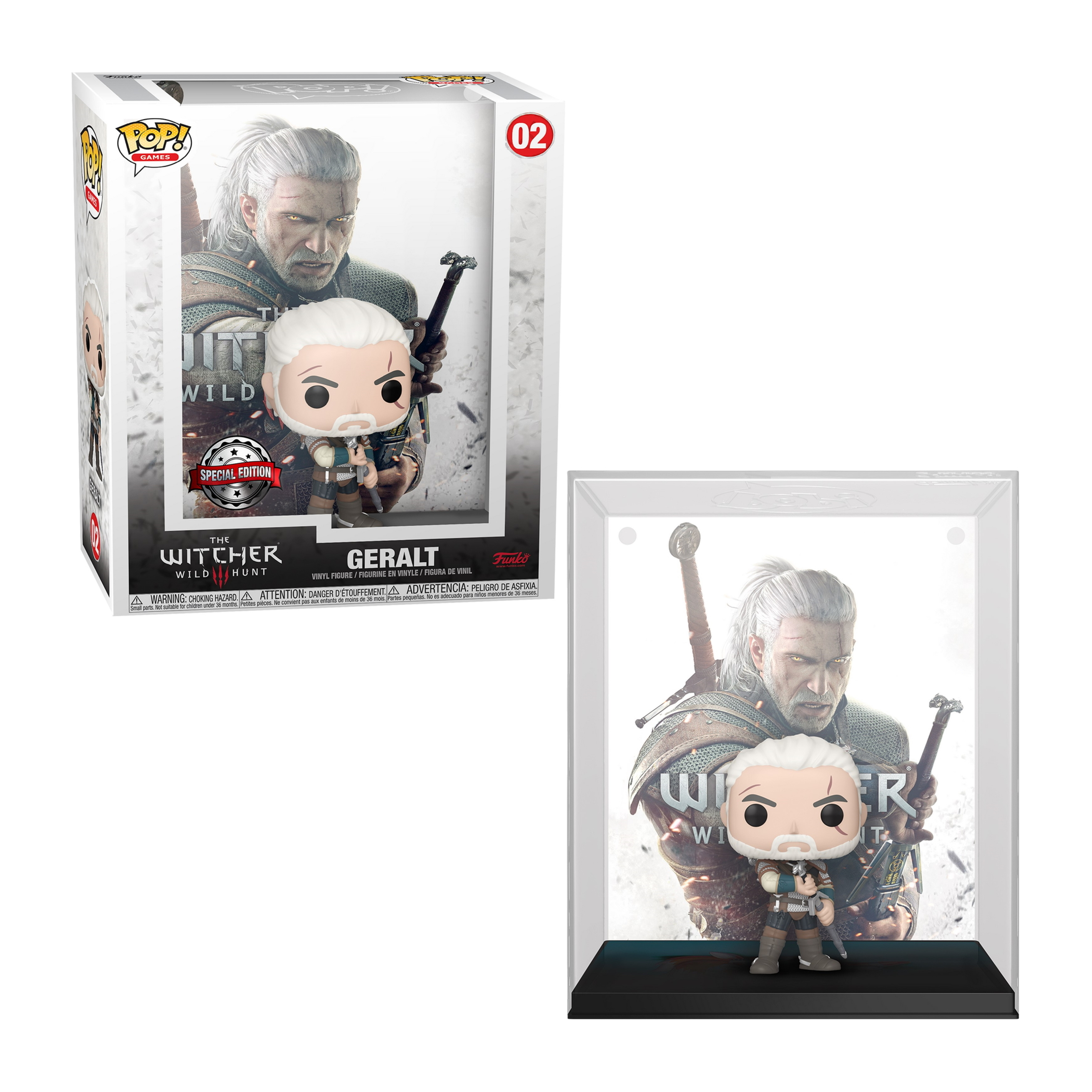 Eine verpackte und unverpackte Funko Pop Figur von Geralt aus The Witcher, mit einem Schwert.