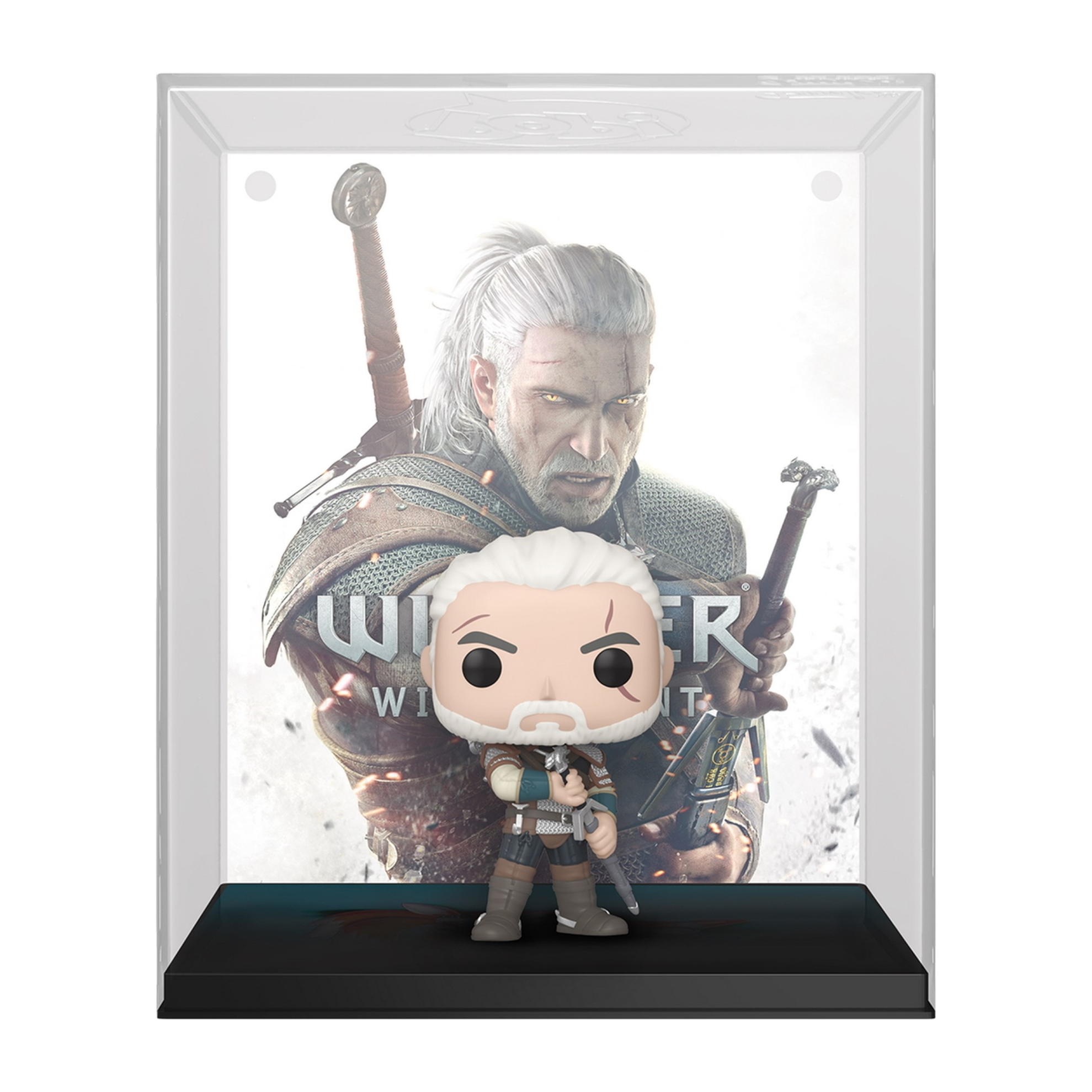 The Witcher-Figur vor dem The Witcher-Spiel-Cover-Art, in einer Vitrine.