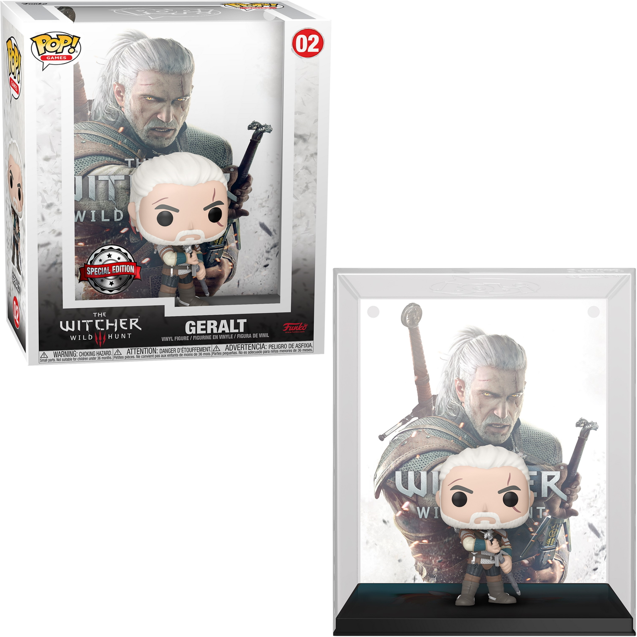 Geralt von The Witcher Figur, mit Box und Vitrine. Weißes Haar, hält ein Schwert.