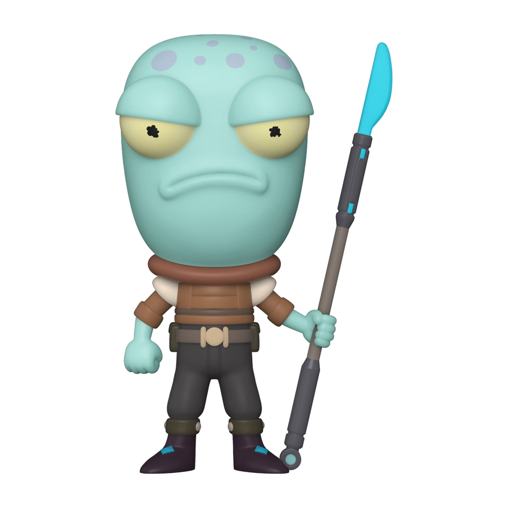 Alien-Charakter aus Solar Opposites Funko Pop. Blaue Haut, braunes Outfit, hält einen blauen Speer. Weißer Hintergrund.
