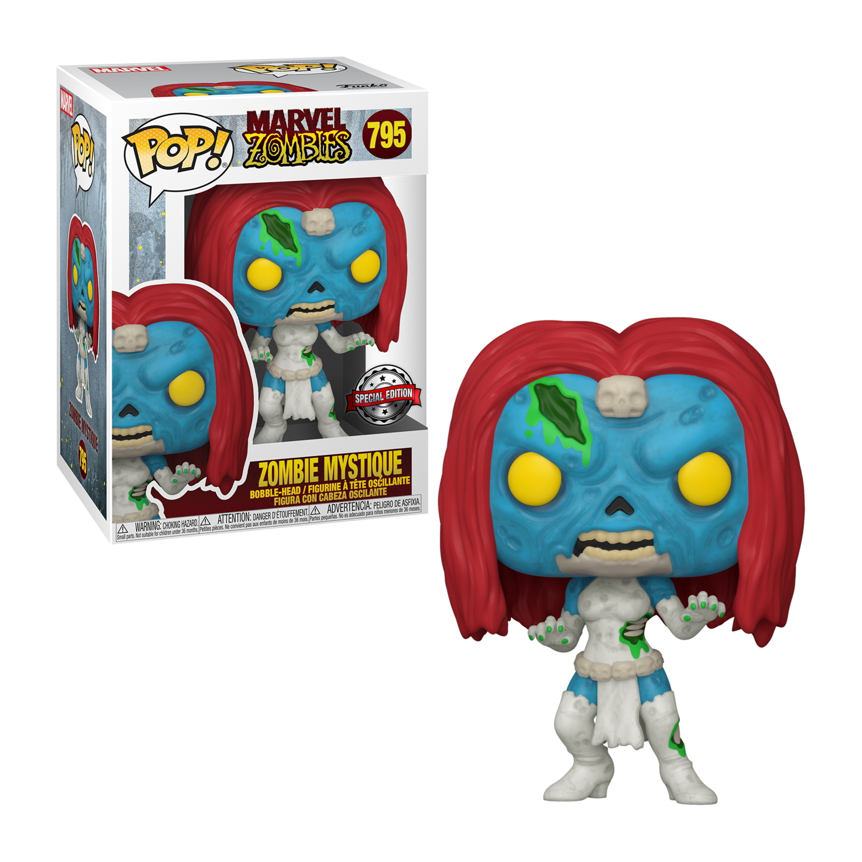 Figurka Funko Pop Zombie Mystique z Marvel Zombies, z rudymi włosami i niebieską skórą.