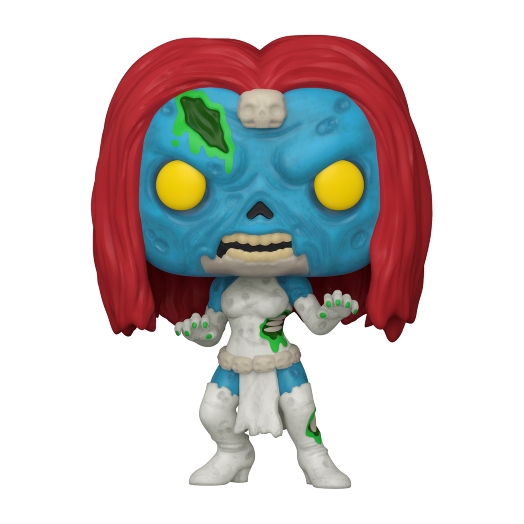 Figurka Funko Pop Zombie Mystique z niebieską skórą, rudymi włosami i podartymi ubraniami.