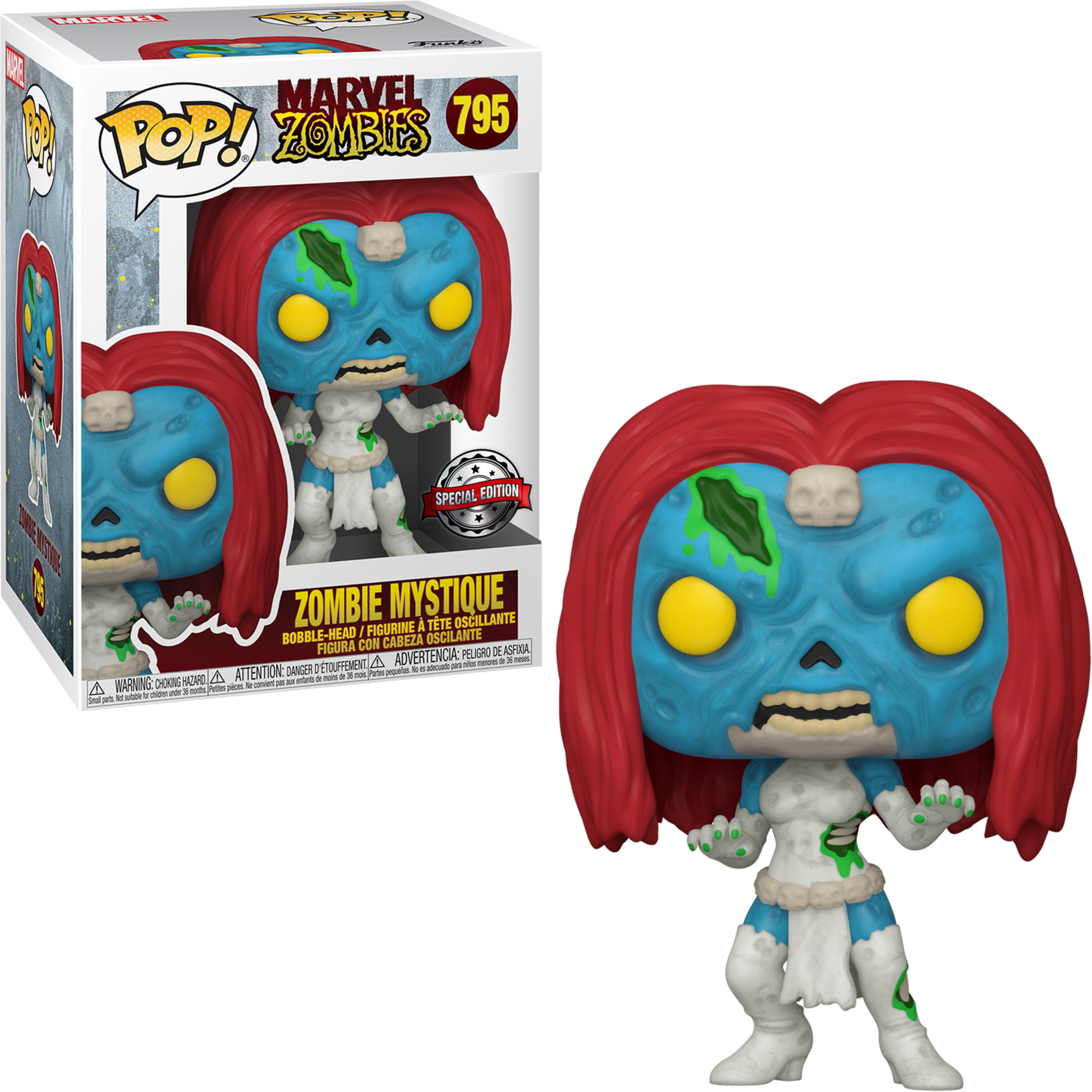 Figurka Zombie Mystique Funko Pop w pudełku. Niebieska skóra, rude włosy i cechy zombie.