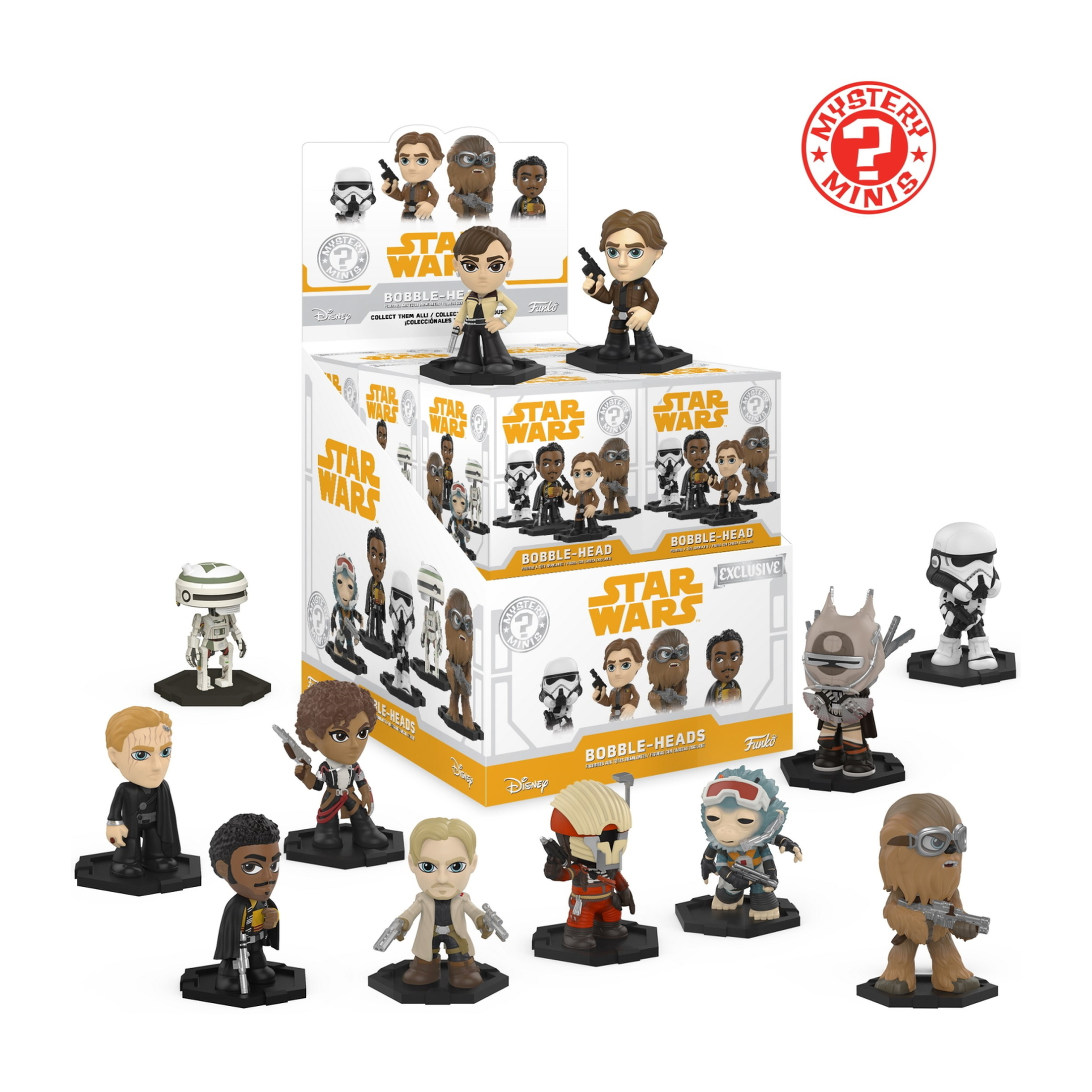 Star Wars Wackelkopf-Figuren in einer Box, darunter Han Solo und andere Charaktere.