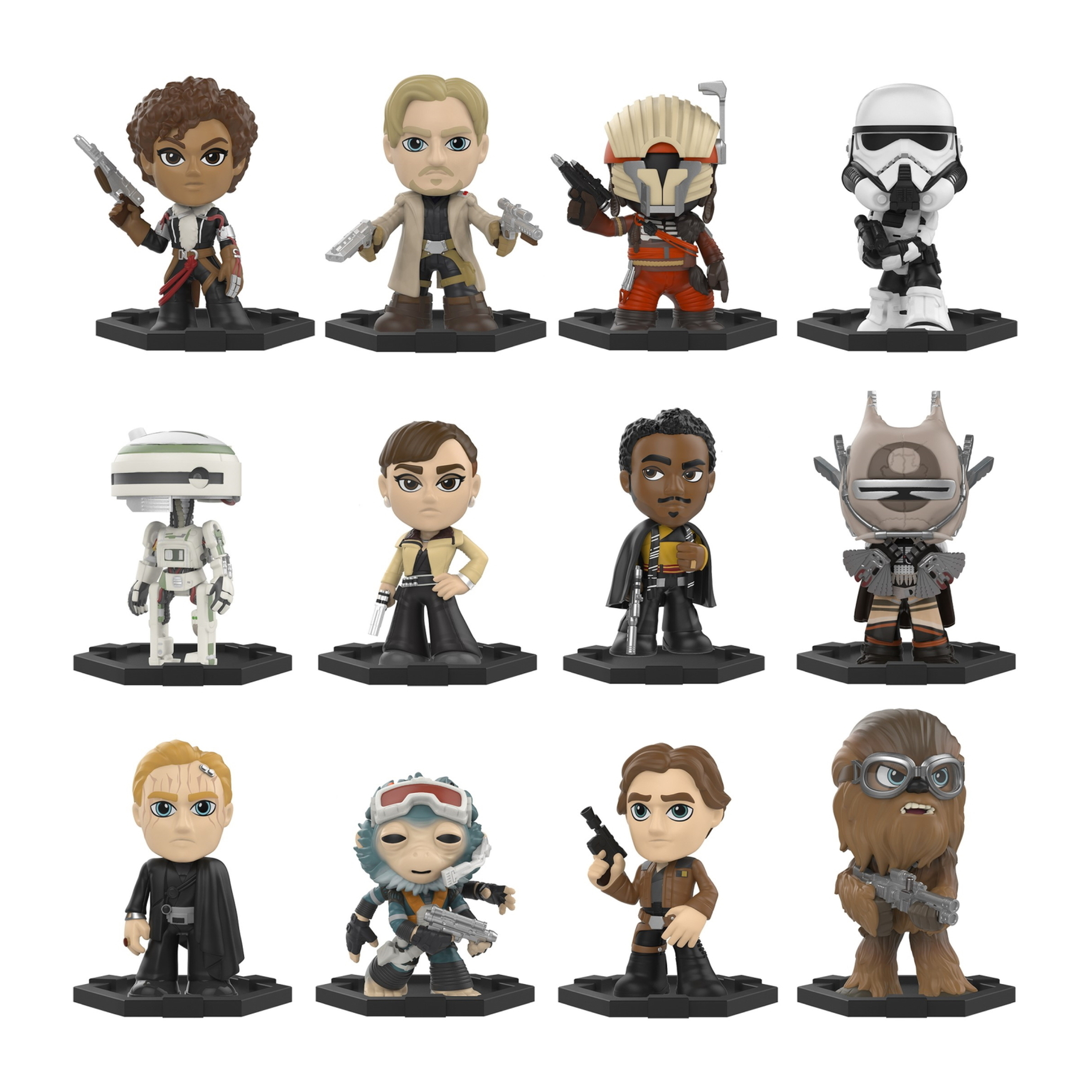 Mehrere Star Wars Funko Pop! Figuren. Verschiedene Charaktere in einer Gruppe, alle im Chibi-Stil.