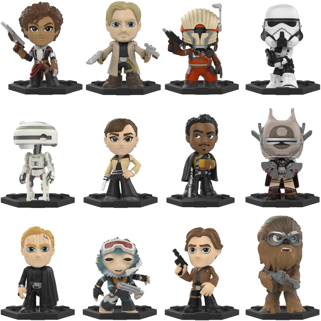 Eine Sammlung von Star Wars Funko Pop Figuren. Verschiedene Charaktere auf schwarzen Basen werden gezeigt.