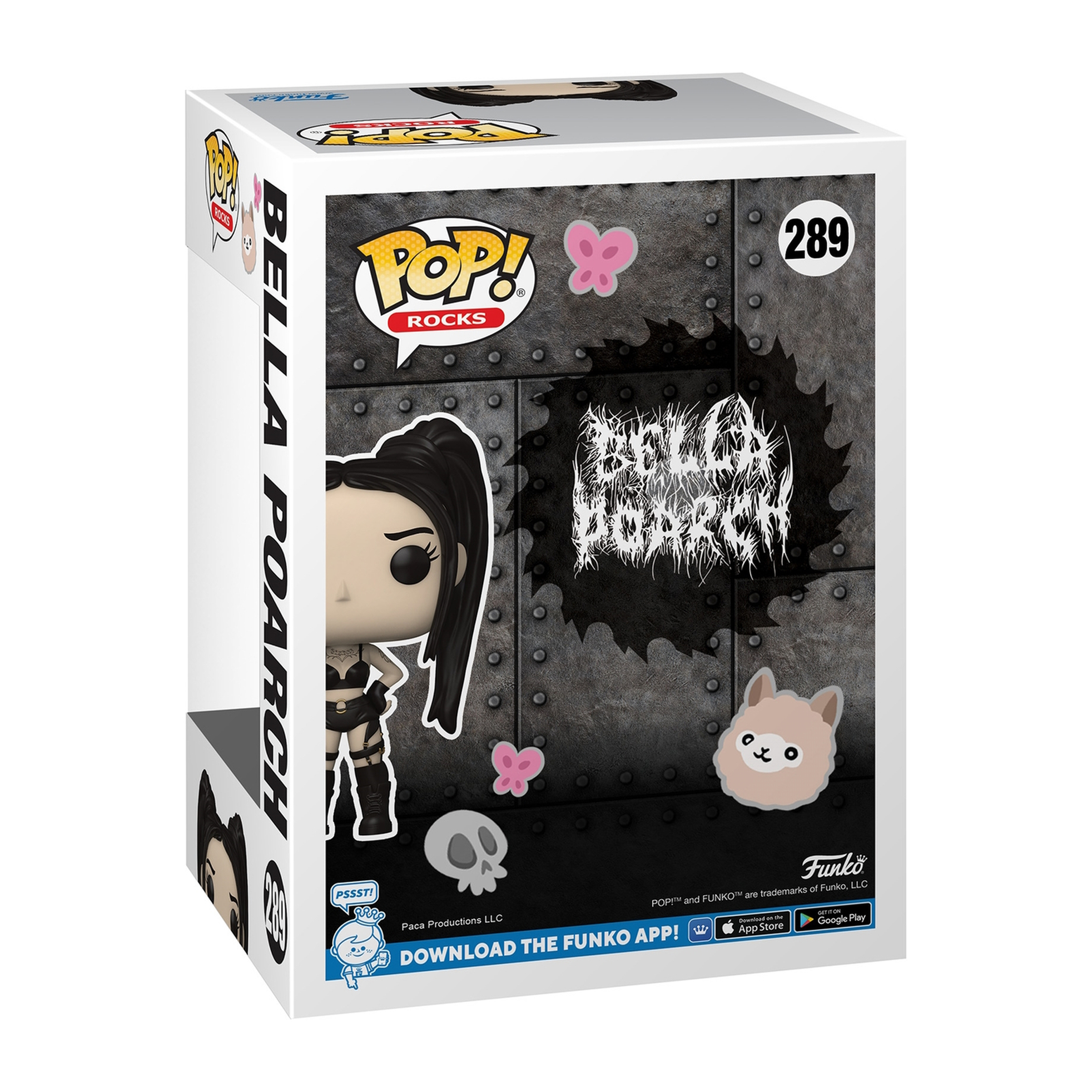 Funko Pop-Box. Sie enthält eine Bella Poarch-Figur, einen Totenkopf und ein Lama.
