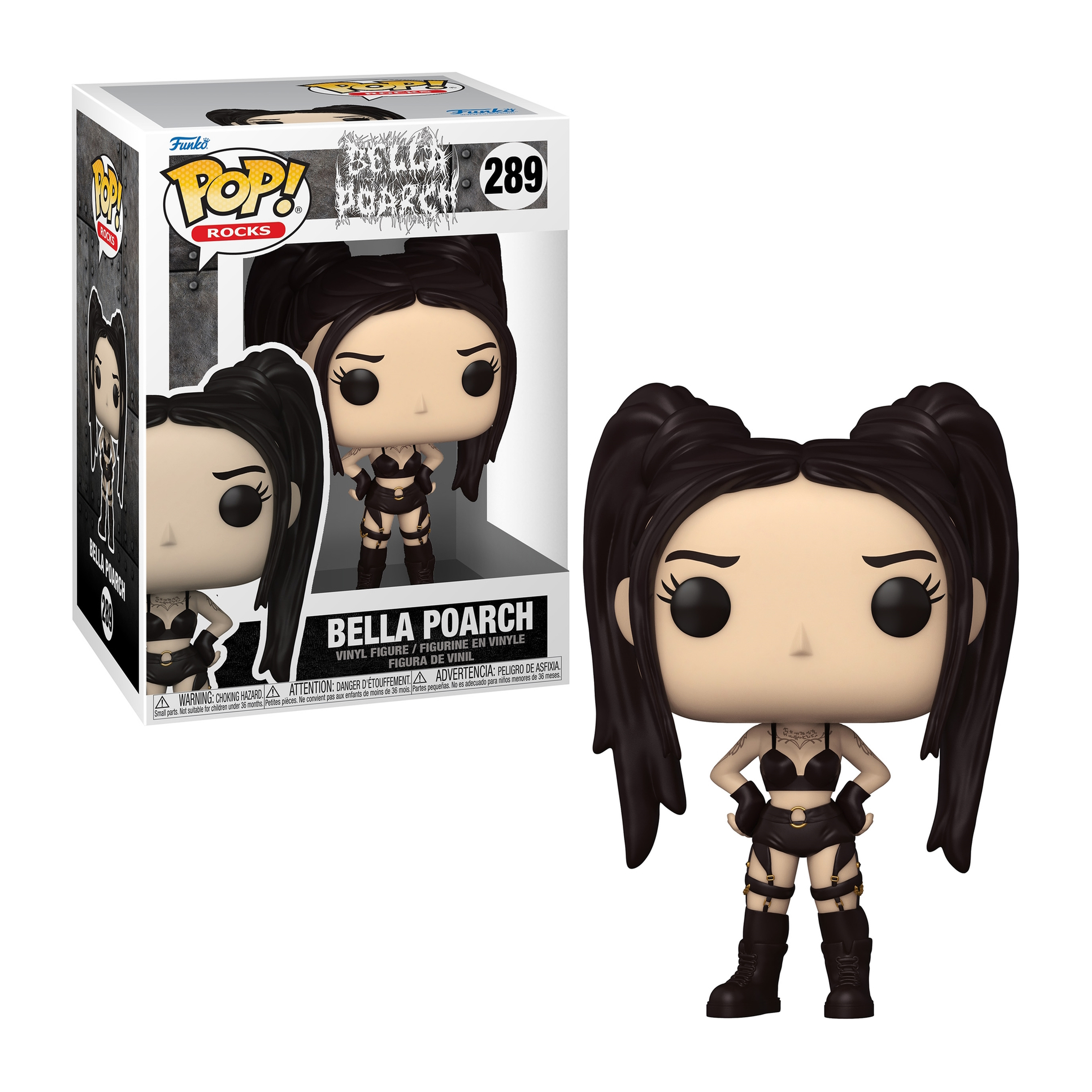 Bella Poarch Funko Pop Figur mit Box. Trägt schwarzes Outfit. Weißer Hintergrund.