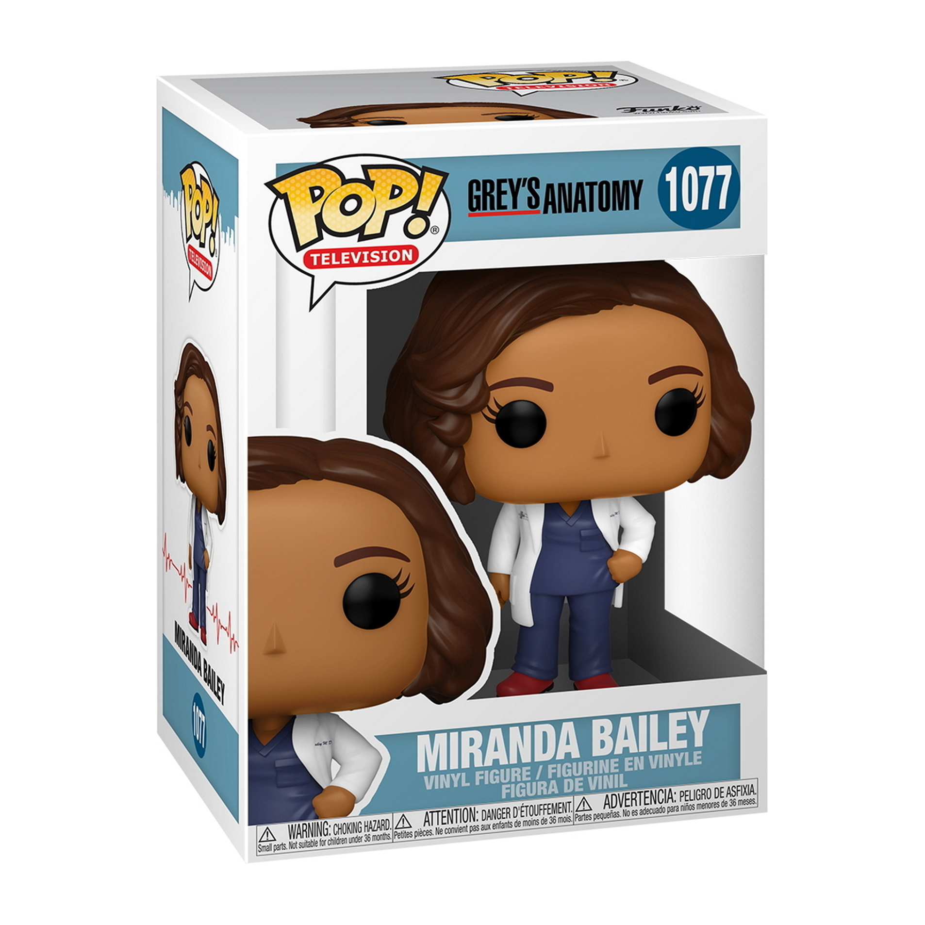Miranda Bailey Pop-Figur in Box, trägt OP-Kleidung. Box hat Pop-Logo.