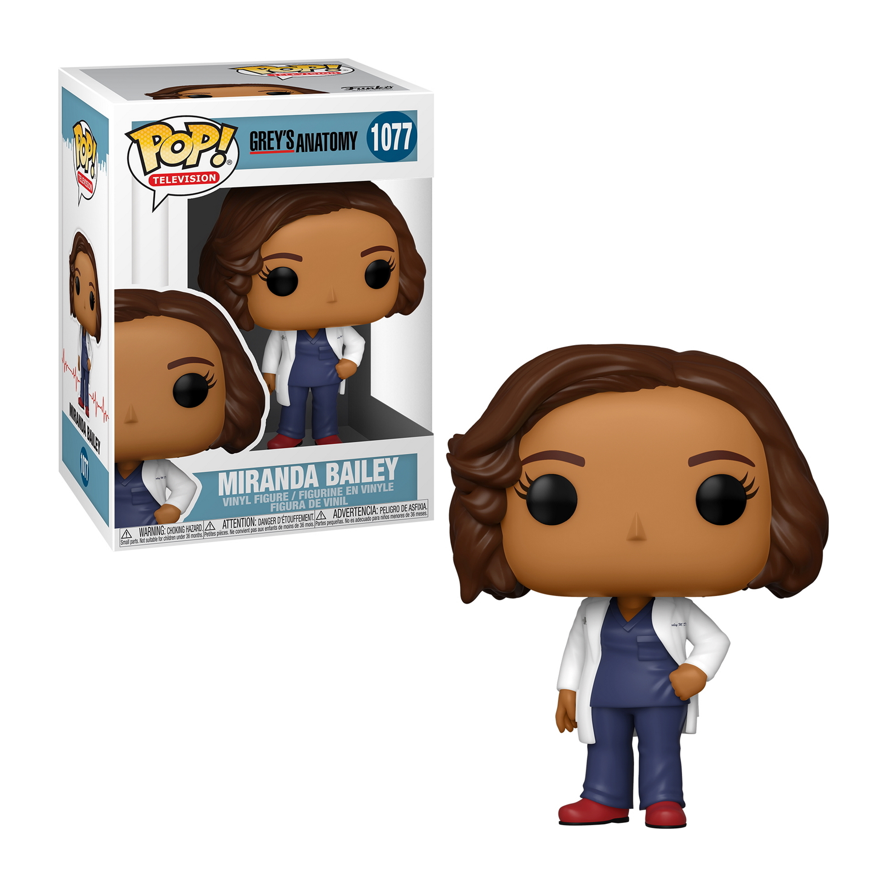 Miranda Bailey Funko Pop. Sie trägt blaue OP-Kleidung, einen weißen Kittel und rote Schuhe.