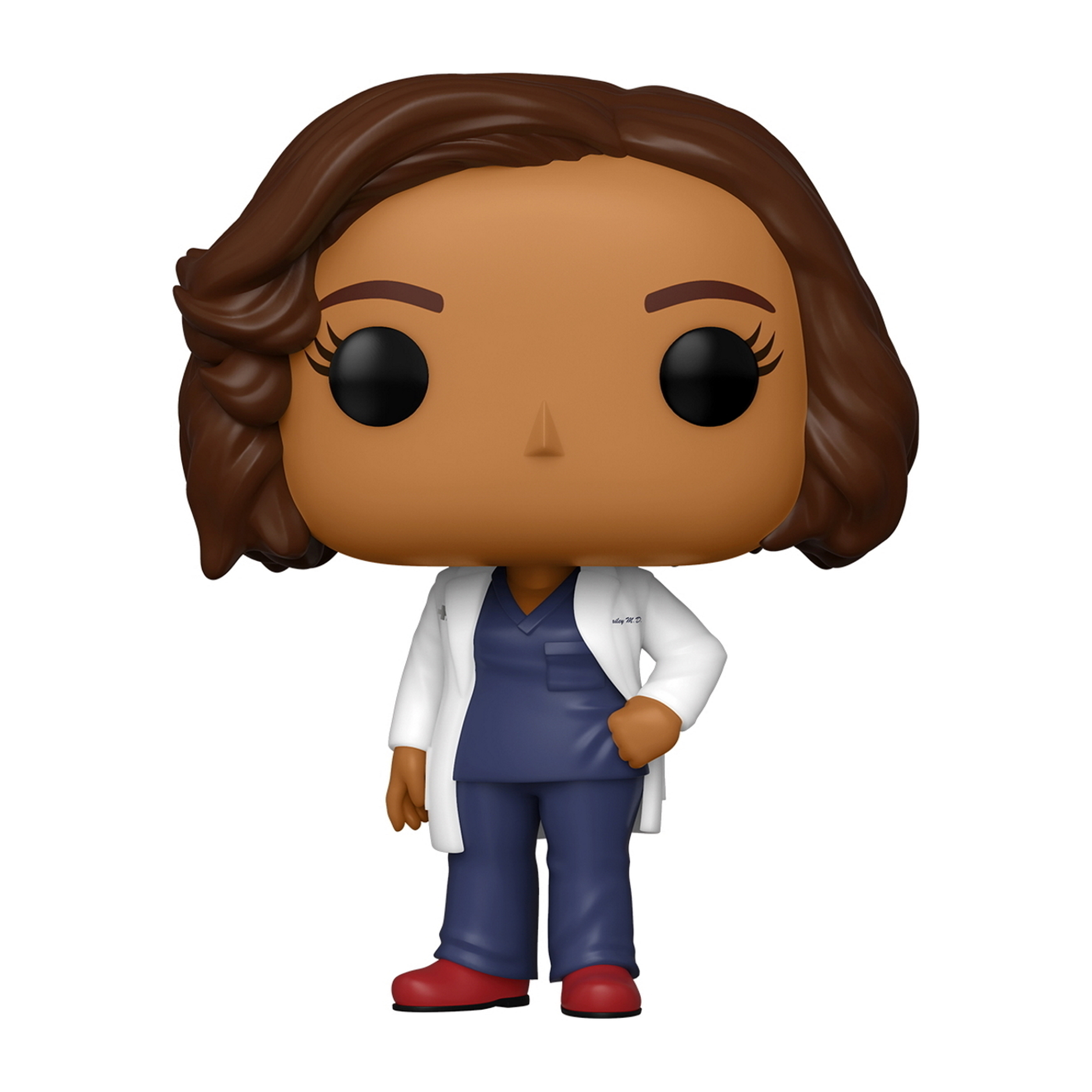Dr. Grey Funko Pop-Figur mit braunen Haaren, trägt einen weißen Mantel, blaue OP-Kleidung und rote Schuhe.