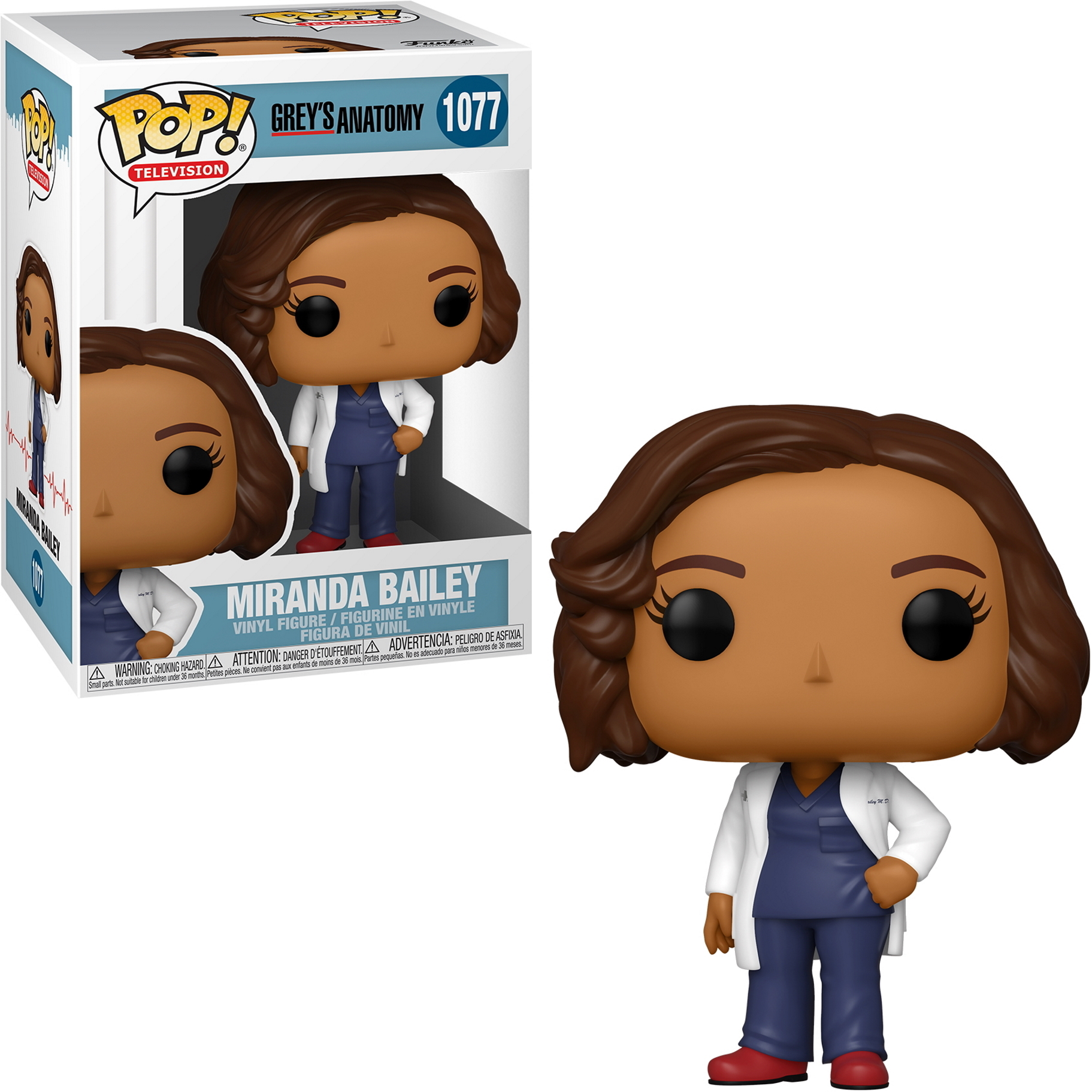 Eine Funko Pop-Figur von Miranda Bailey aus Grey's Anatomy, in OP-Kleidung und weißem Kittel, mit braunem Bob.