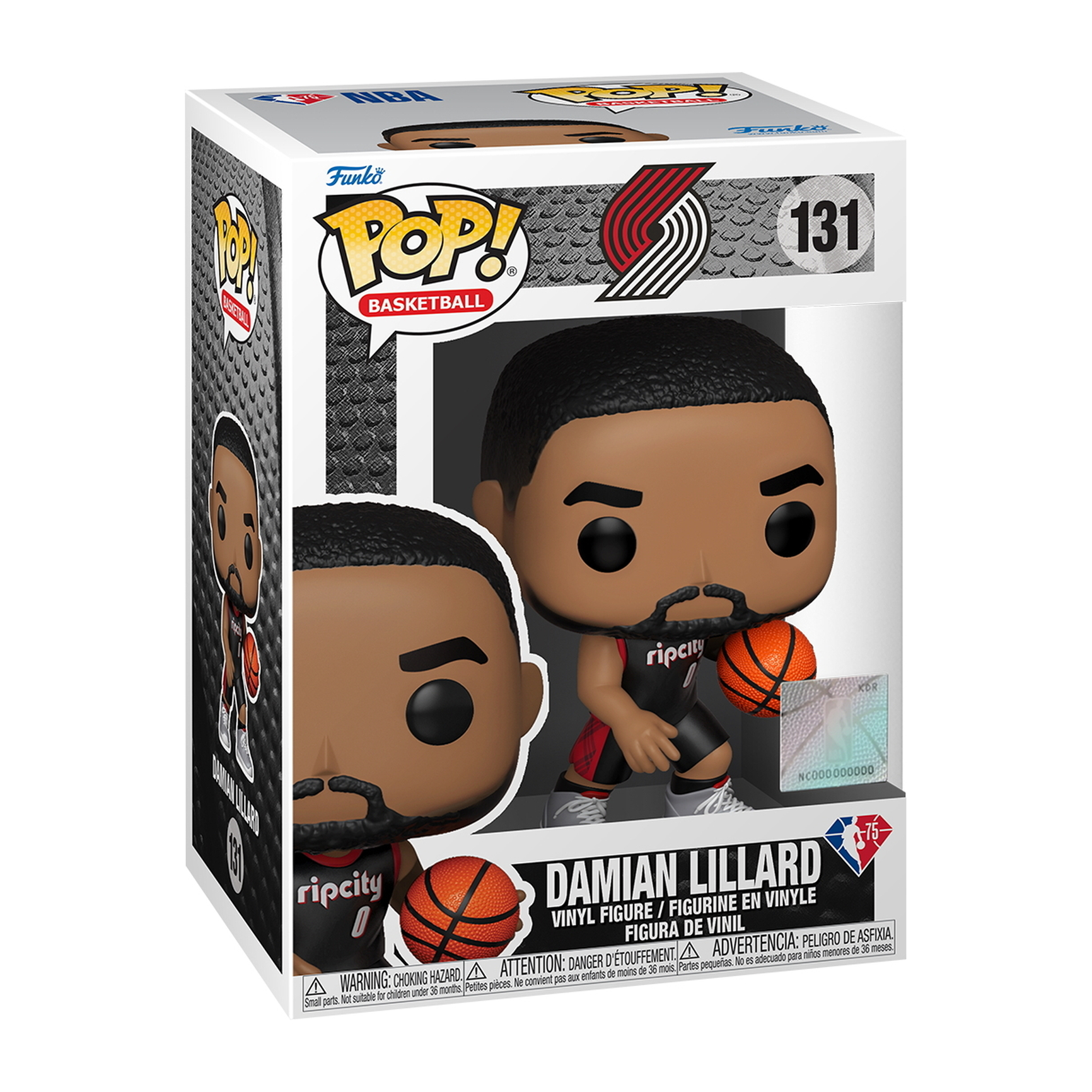 Damian Lillard Funko Pop-Figur in der Box. Die Figur trägt ein schwarz-rotes Basketball-Trikot, hält einen Ball.