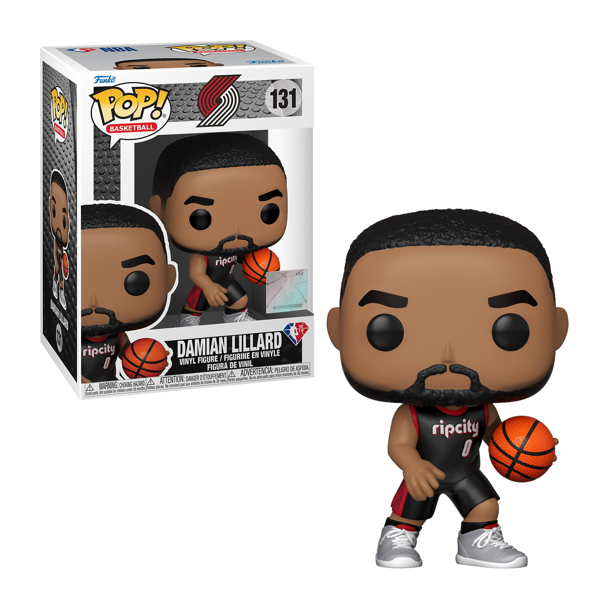 Damian Lillard Funko Pop Figur. Er trägt ein schwarz-rotes Basketball-Trikot, hält einen Ball. Graue Schuhe.