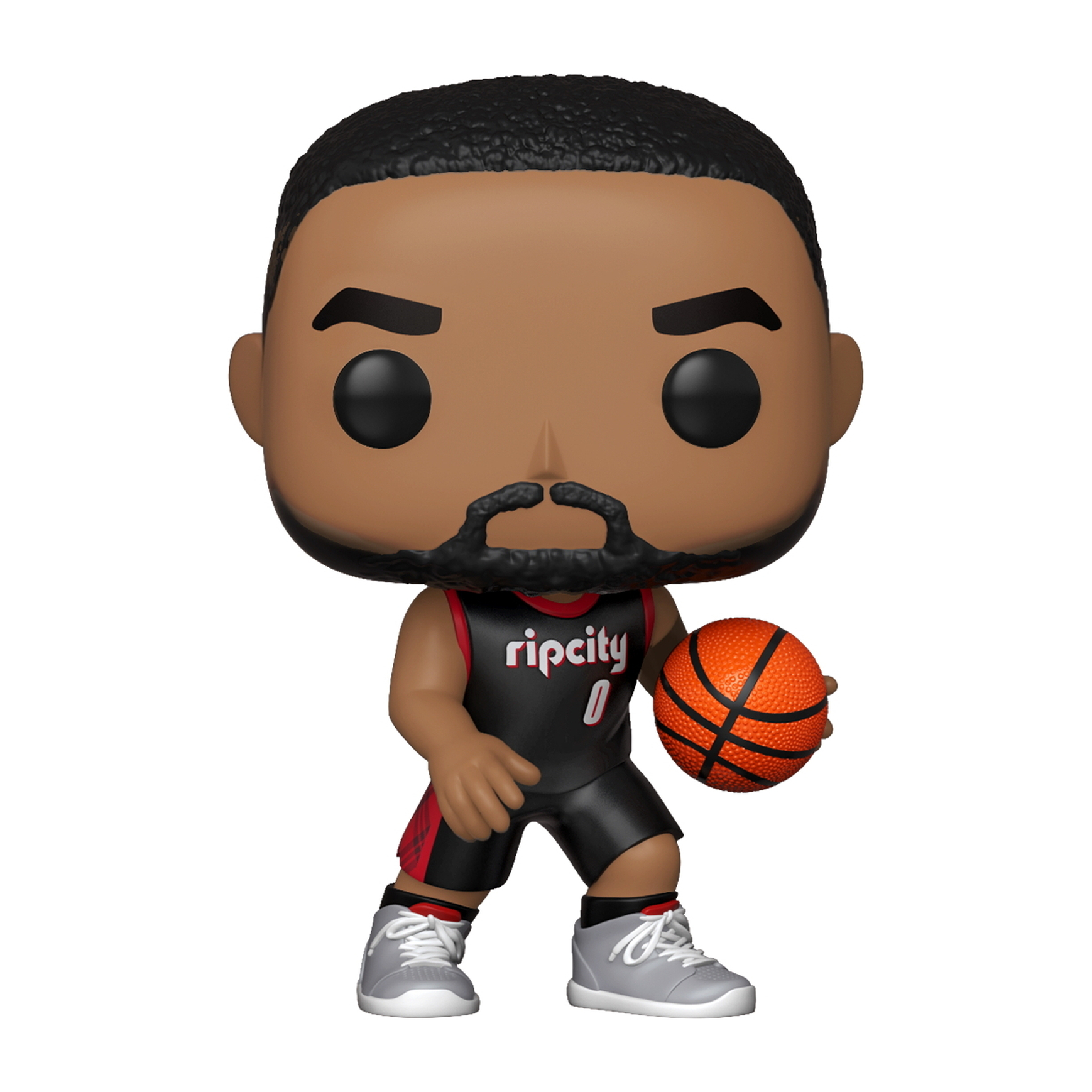 Damian Lillard Pop Figur hält einen Basketball und trägt ein Rip City Trikot.