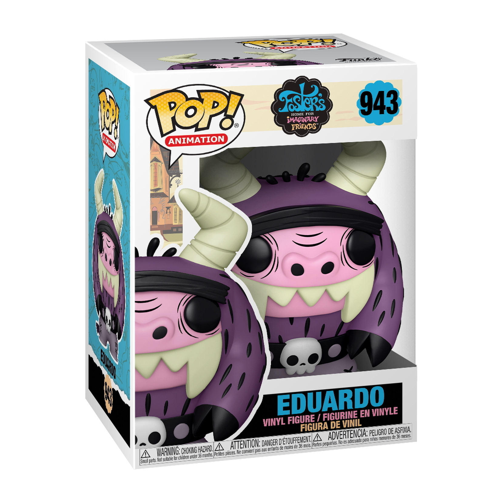 Funko Pop-Figur von Eduardo aus Fosters Home. Er ist lila, hat Hörner, weiße Zähne und einen Totenkopf-Gürtel.