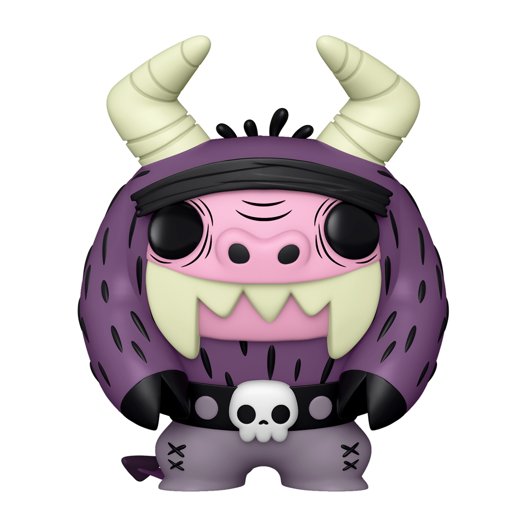 Lila, runde Monsterfigur mit Hörnern, schwarzem Band, Totenkopf-Gürtel und zwei X's auf den Beinen. Weißer Hintergrund.
