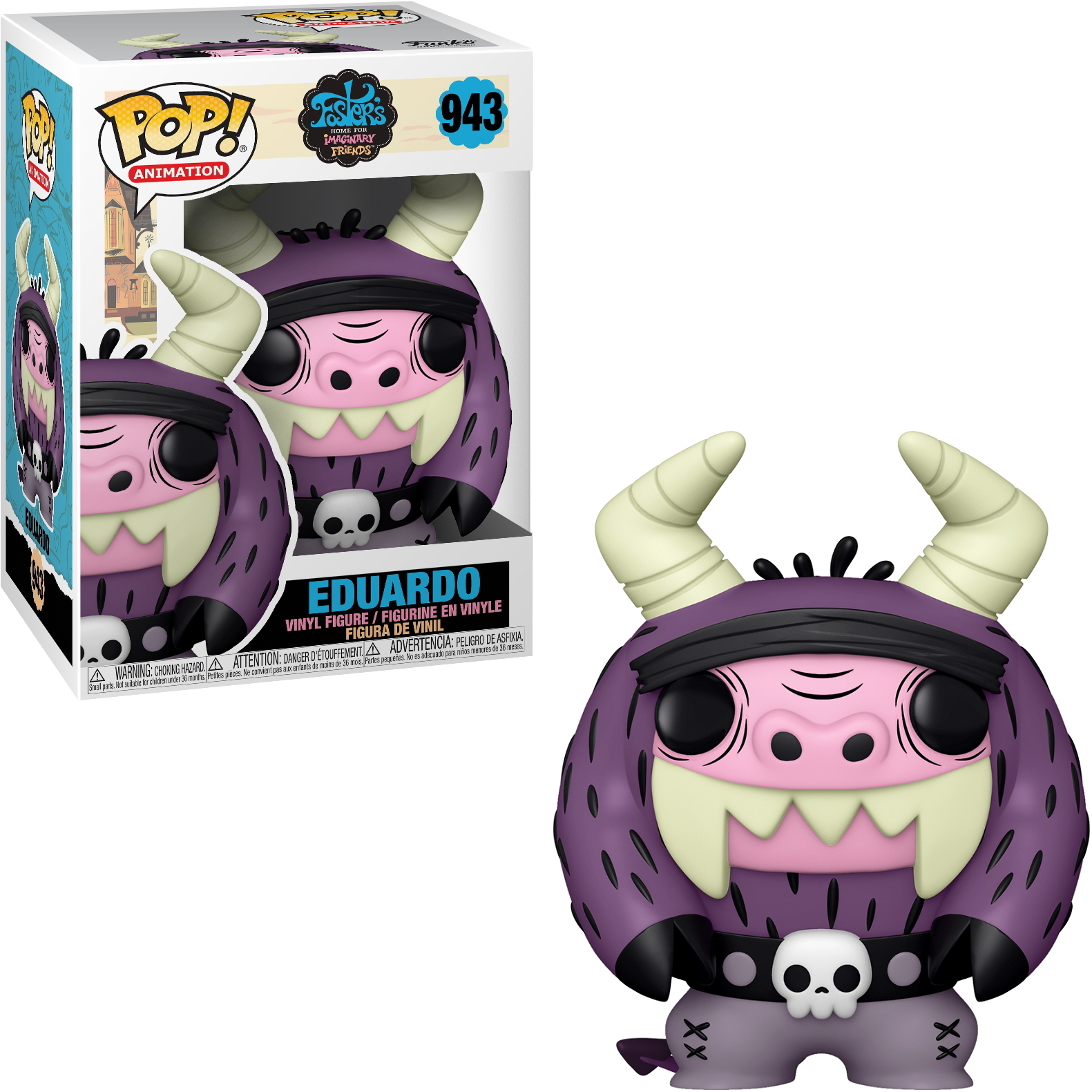 Eduardo-Figur, lilafarbenes Monster mit Hörnern, trägt einen Totenkopfgürtel.