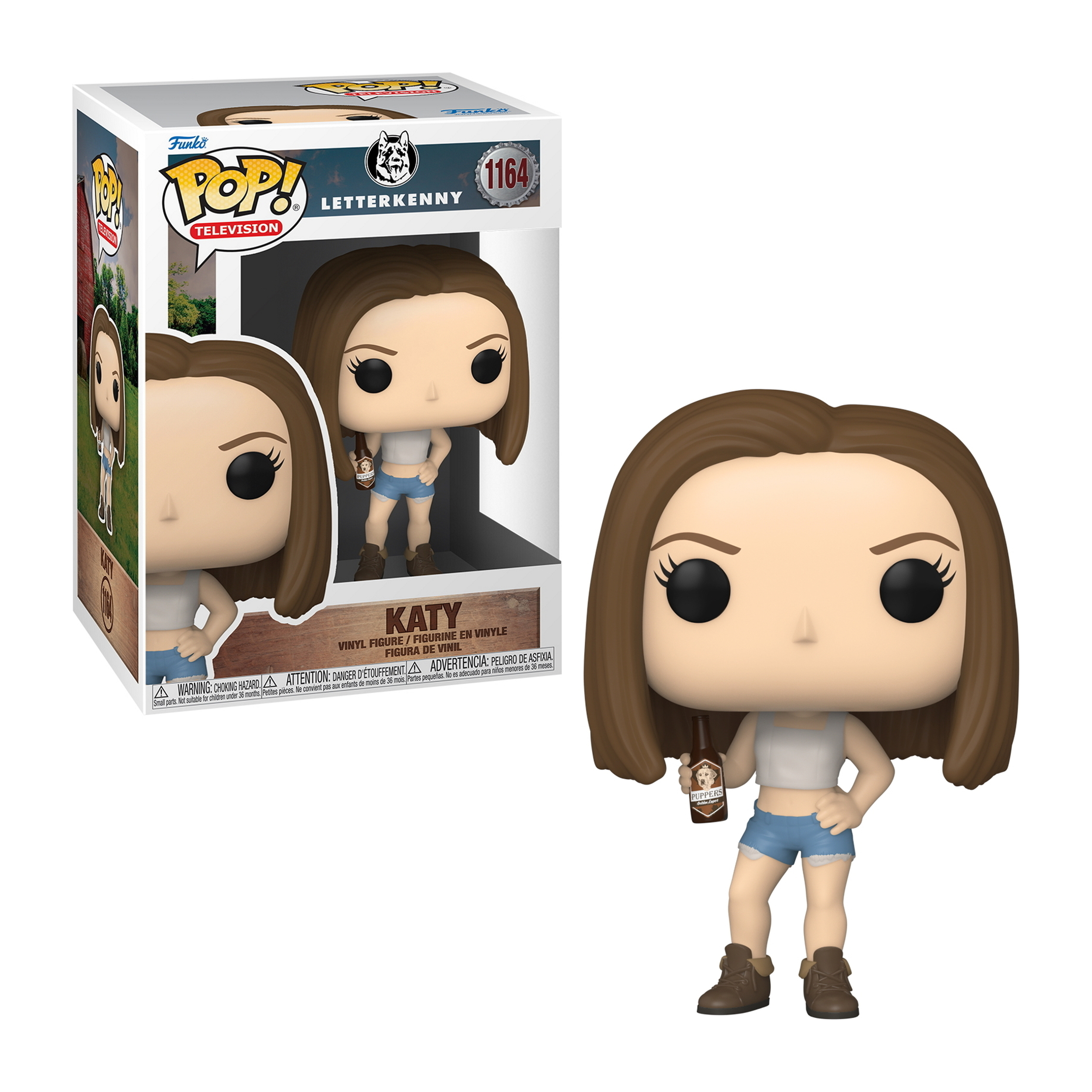 Katy Funko Pop Figur, die ein Bierflasche hält, trägt ein bauchfreies Top und Shorts, mit einer Box.
