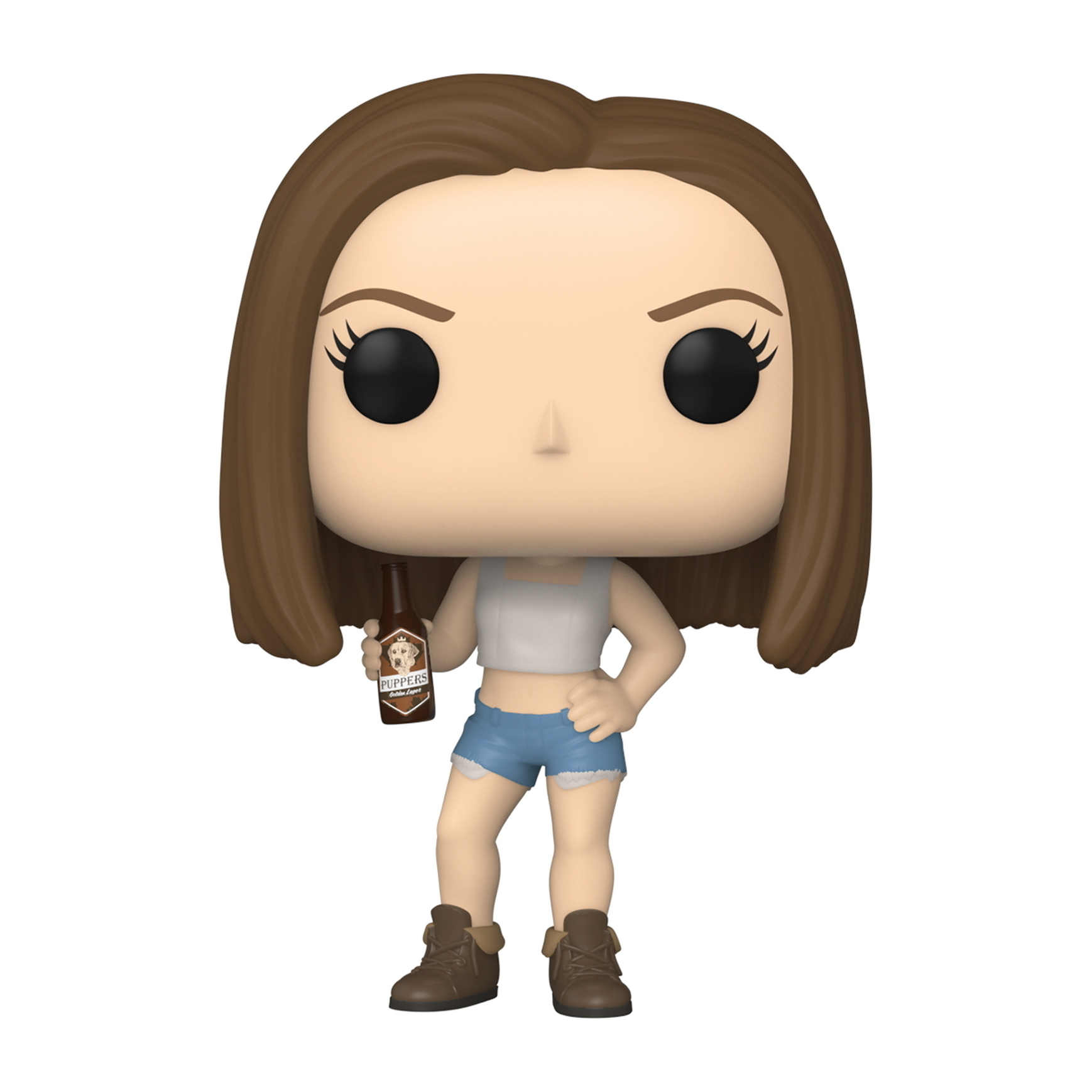 Funko Pop Figur einer Frau, die eine Bierflasche hält, Shorts und ein bauchfreies Top trägt.