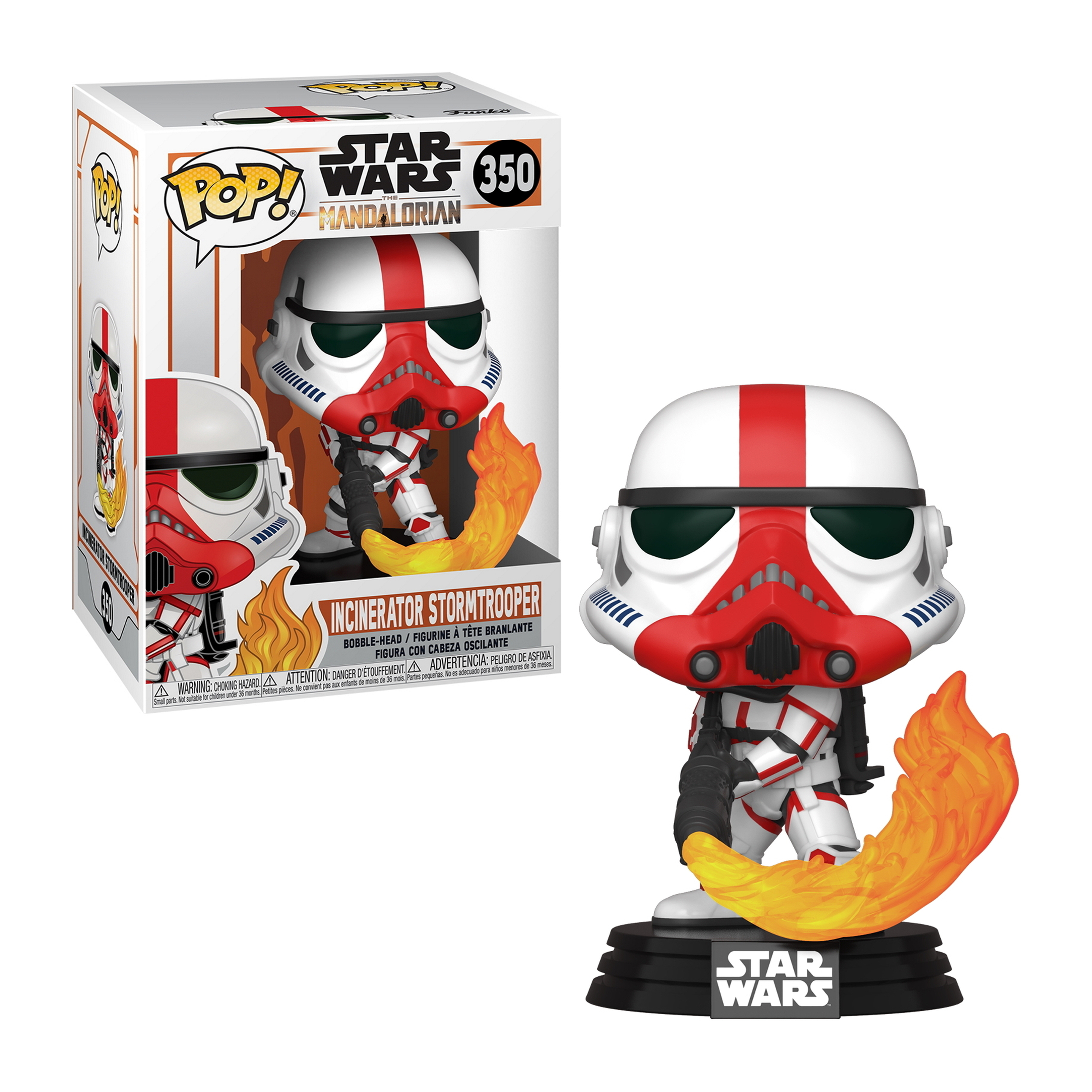Incinerator Stormtrooper Funko Pop. Biała zbroja z czerwonymi paskami, trzymający broń, płomienie za nim. Pudełko.