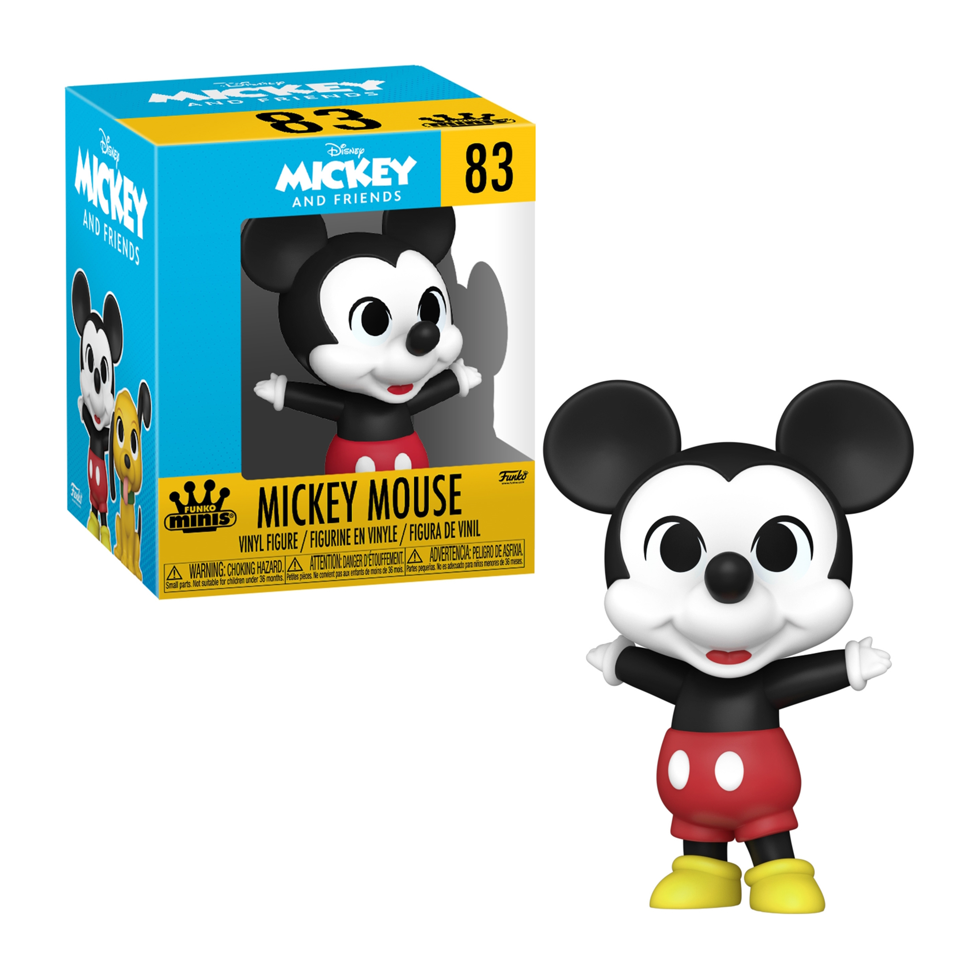 Mickey Mouse Figur mit Box. Mickey hat rote Shorts, schwarzen Körper und gelbe Schuhe.
