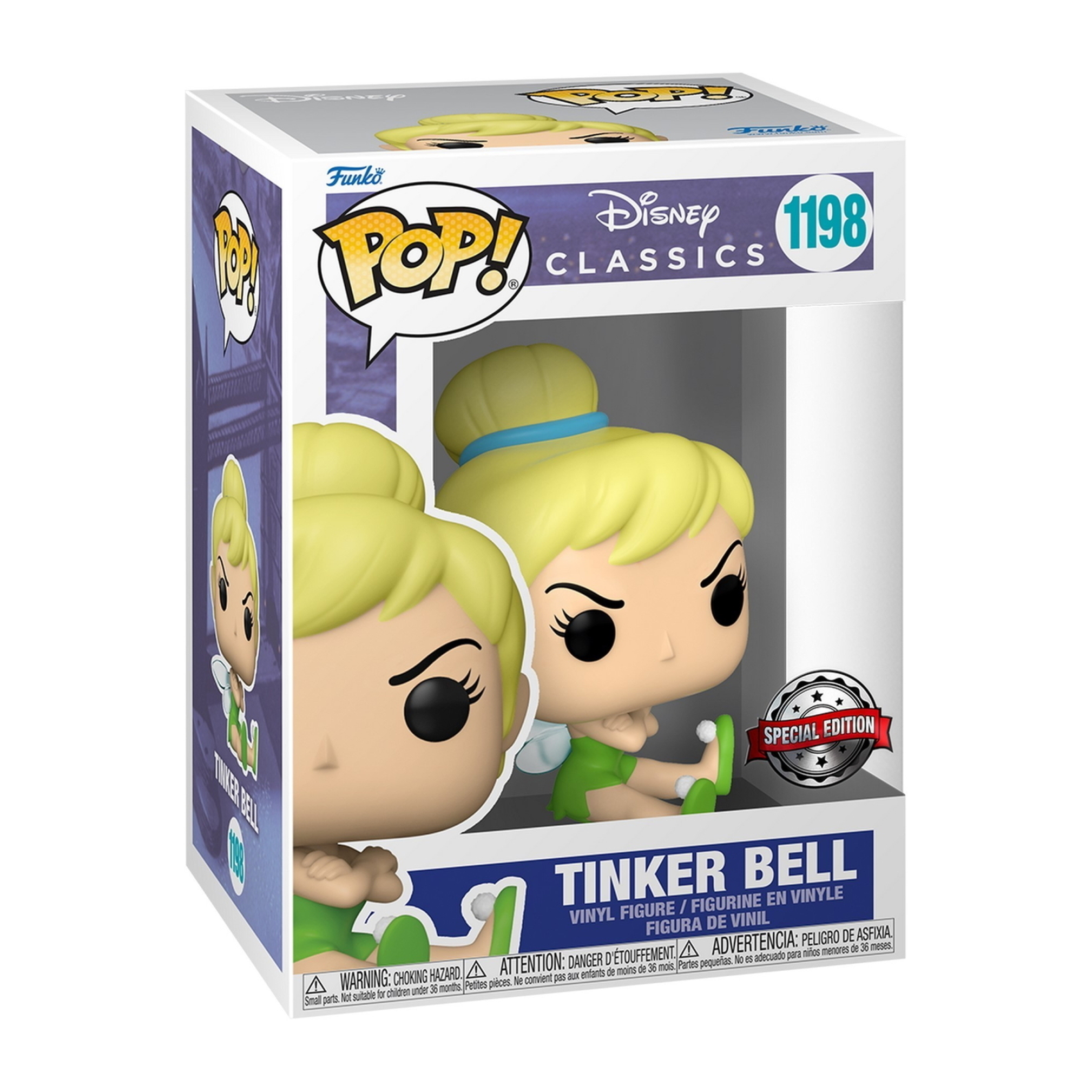 Funko Pop! Tinker Bell Figur in einer Box. Blondes Haar, grünes Kleid und blaues Haarband.