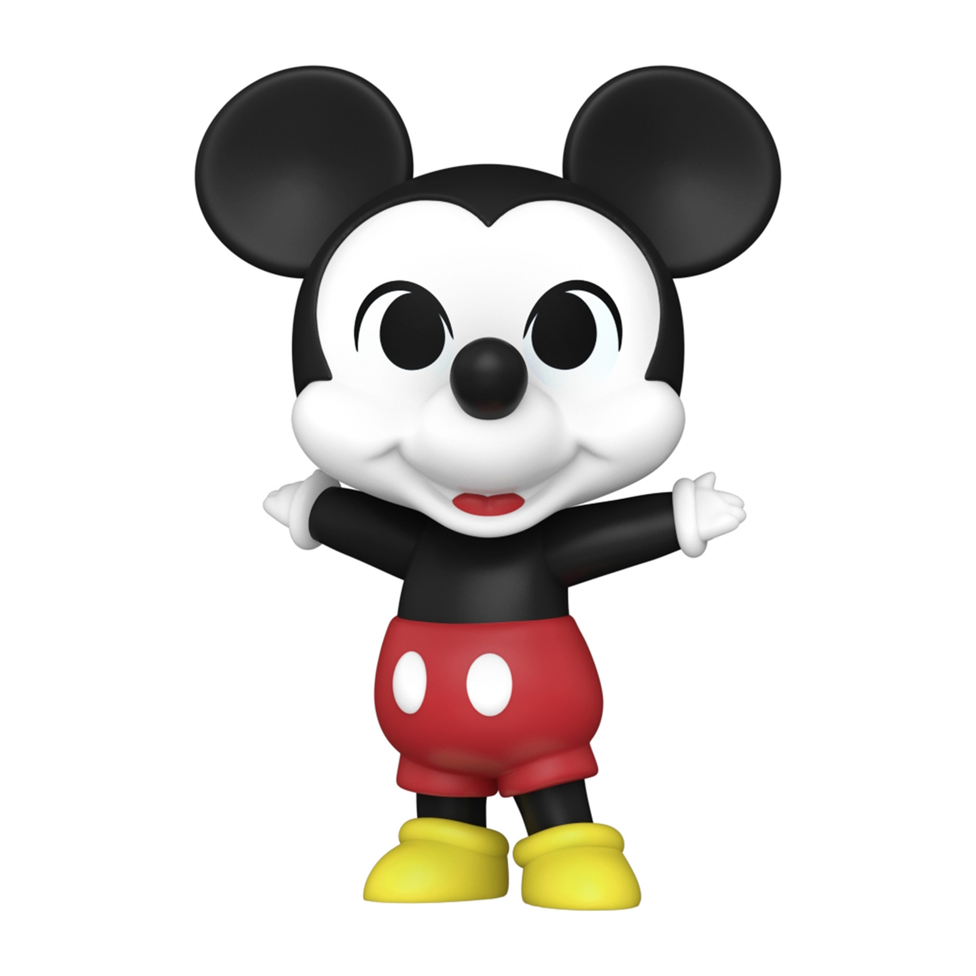 Mickey Mouse-Figur in klassischer Pose, rote Shorts und gelbe Schuhe. Weiße Handschuhe.